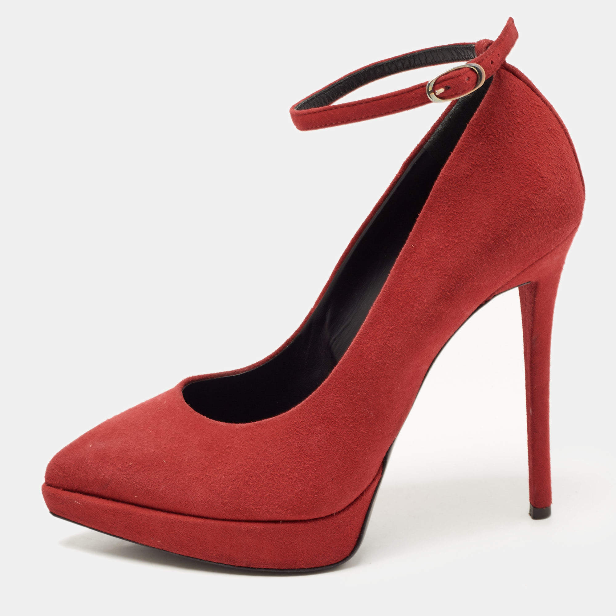 Giuseppe Zanotti Red Suede Ankle Strap Platform Pointed Toe Pumps Size 37