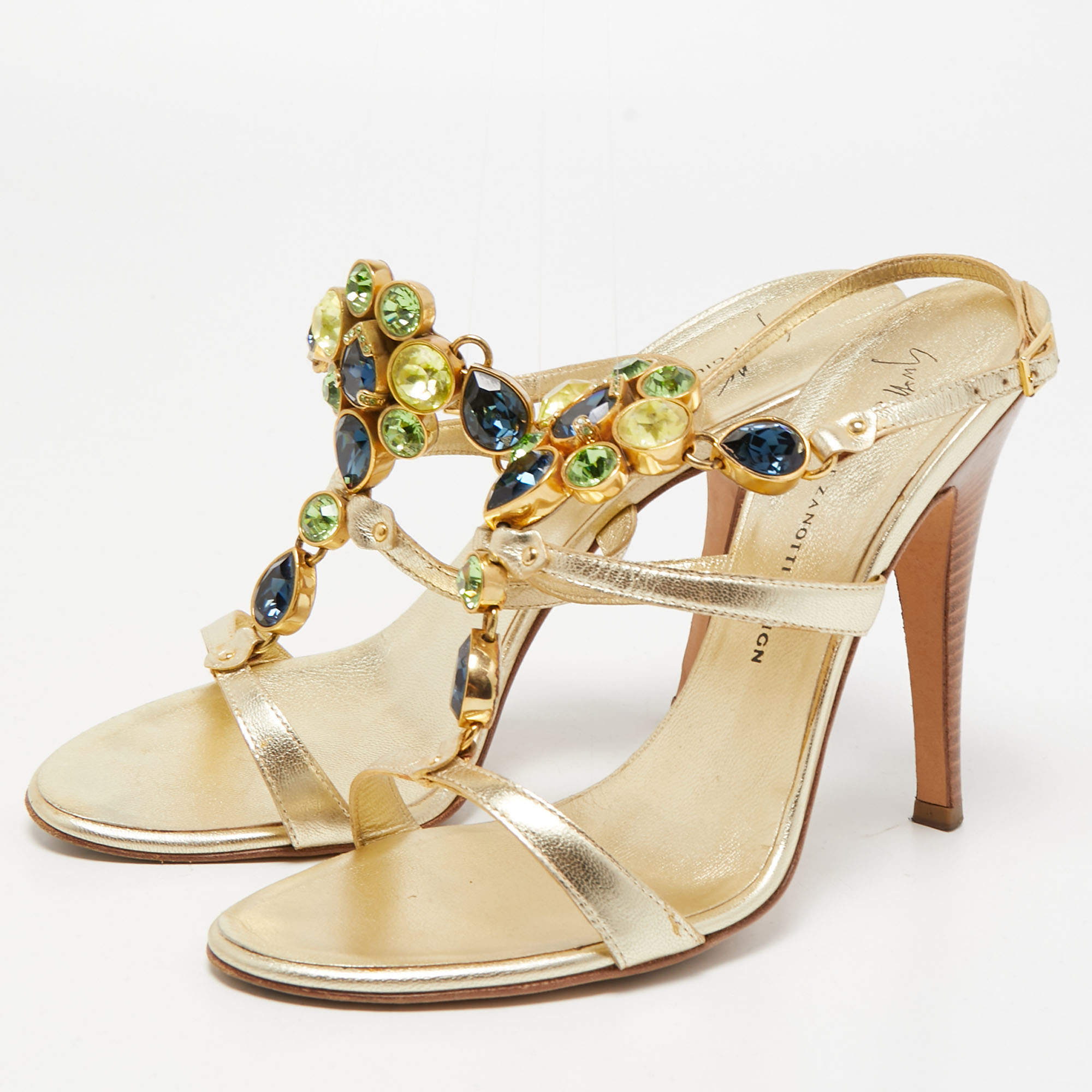 Giuseppe Zanotti Gold Leather Crystal Embellished Ankle Strap Sandals Size  39
