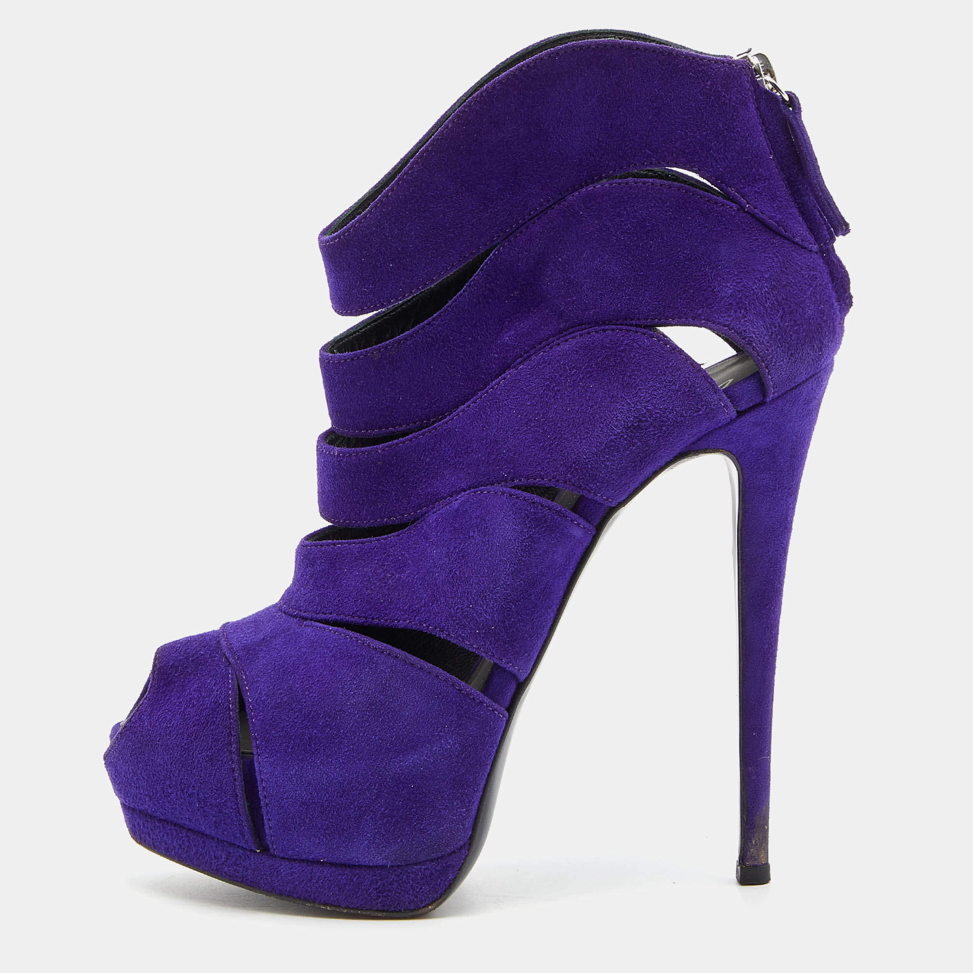 Giuseppe Zanotti Purple Suede Wave Cut Out Peep Toe Platform Booties Size 37.5