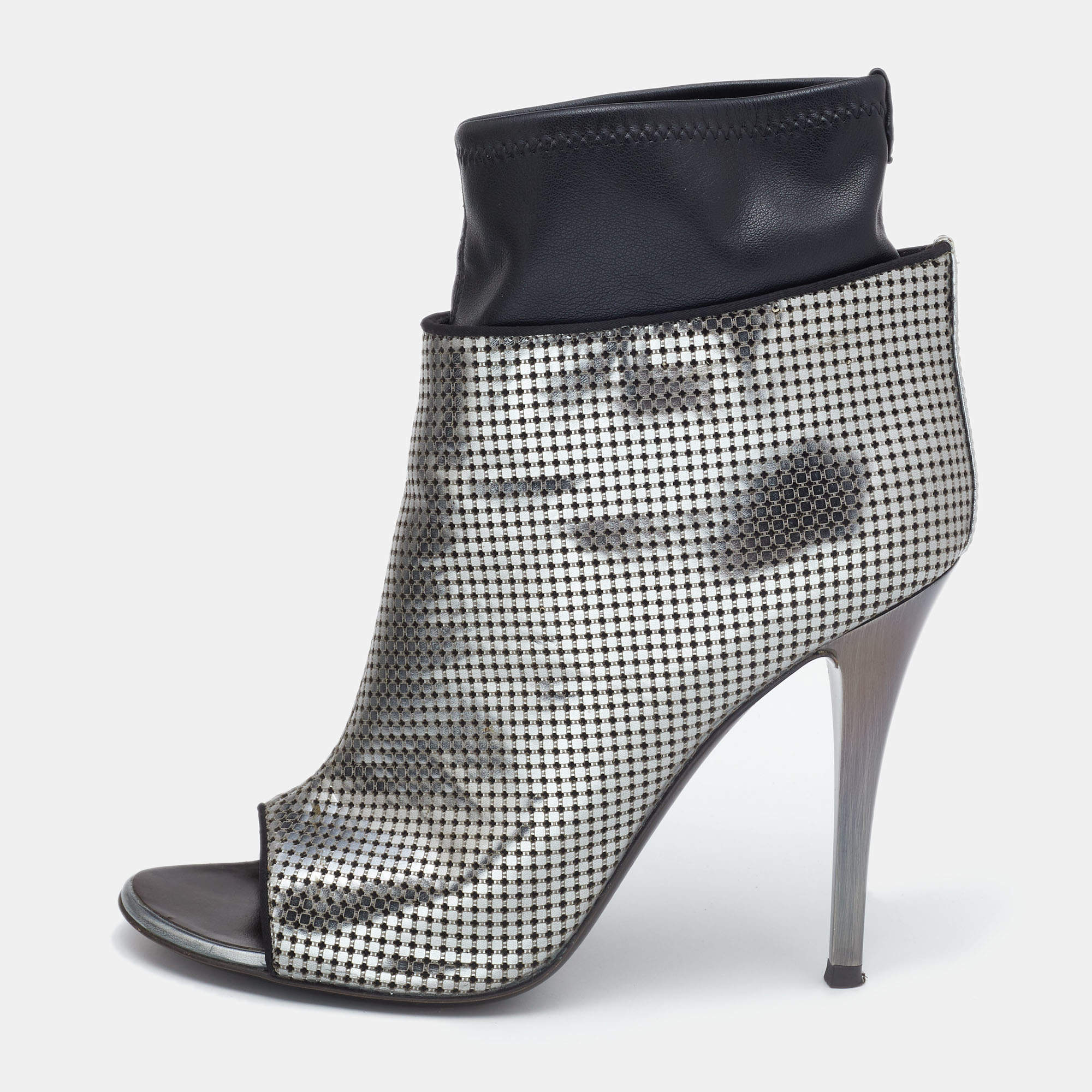 Pre Owned Giuseppe Zanotti Silver/Black Perforated Leather Open Toe Ankle Booties Size 38.5