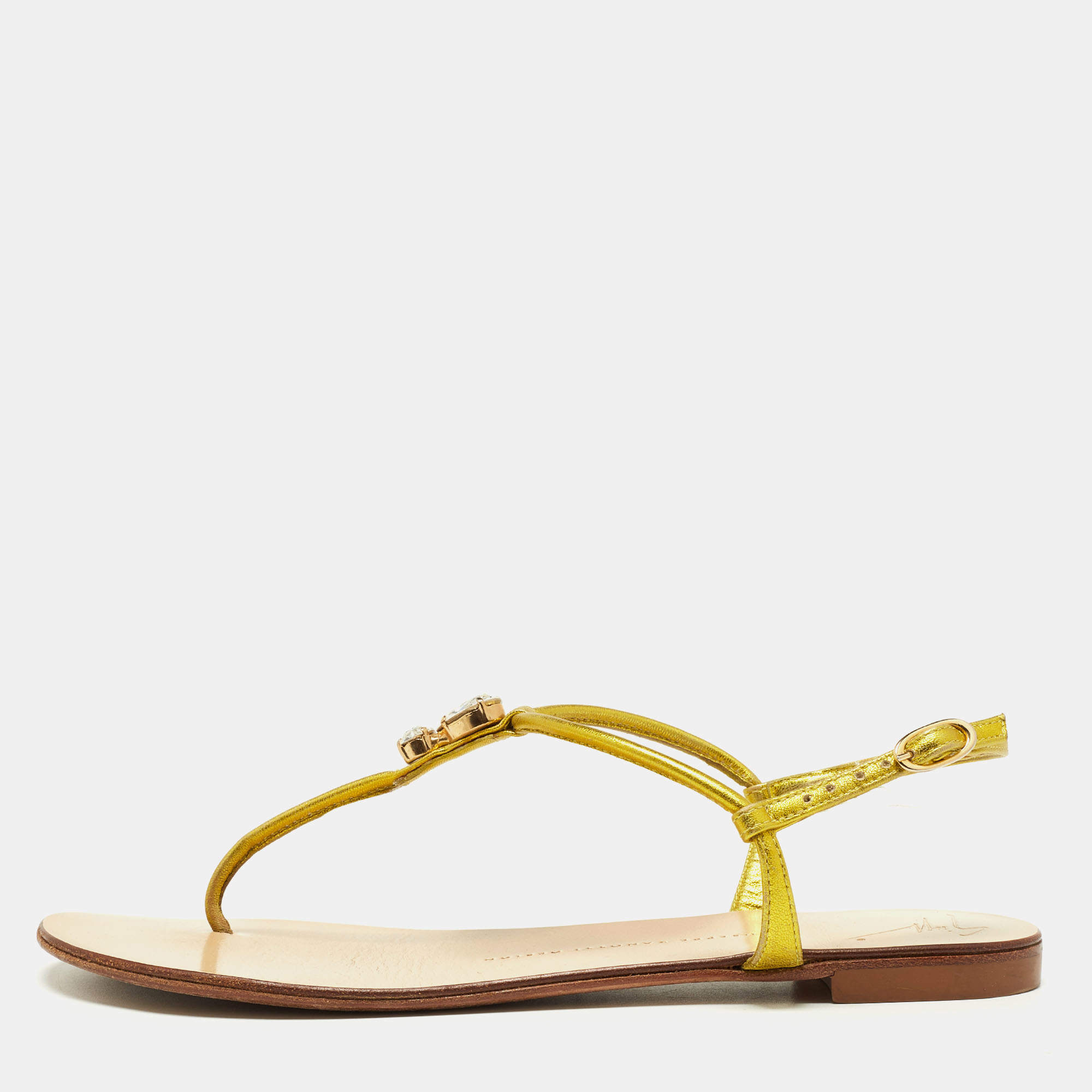 Pre Owned Giuseppe Zanotti Metallic Leather Crystal Embellished Thong Flat Sandals Size 37.5