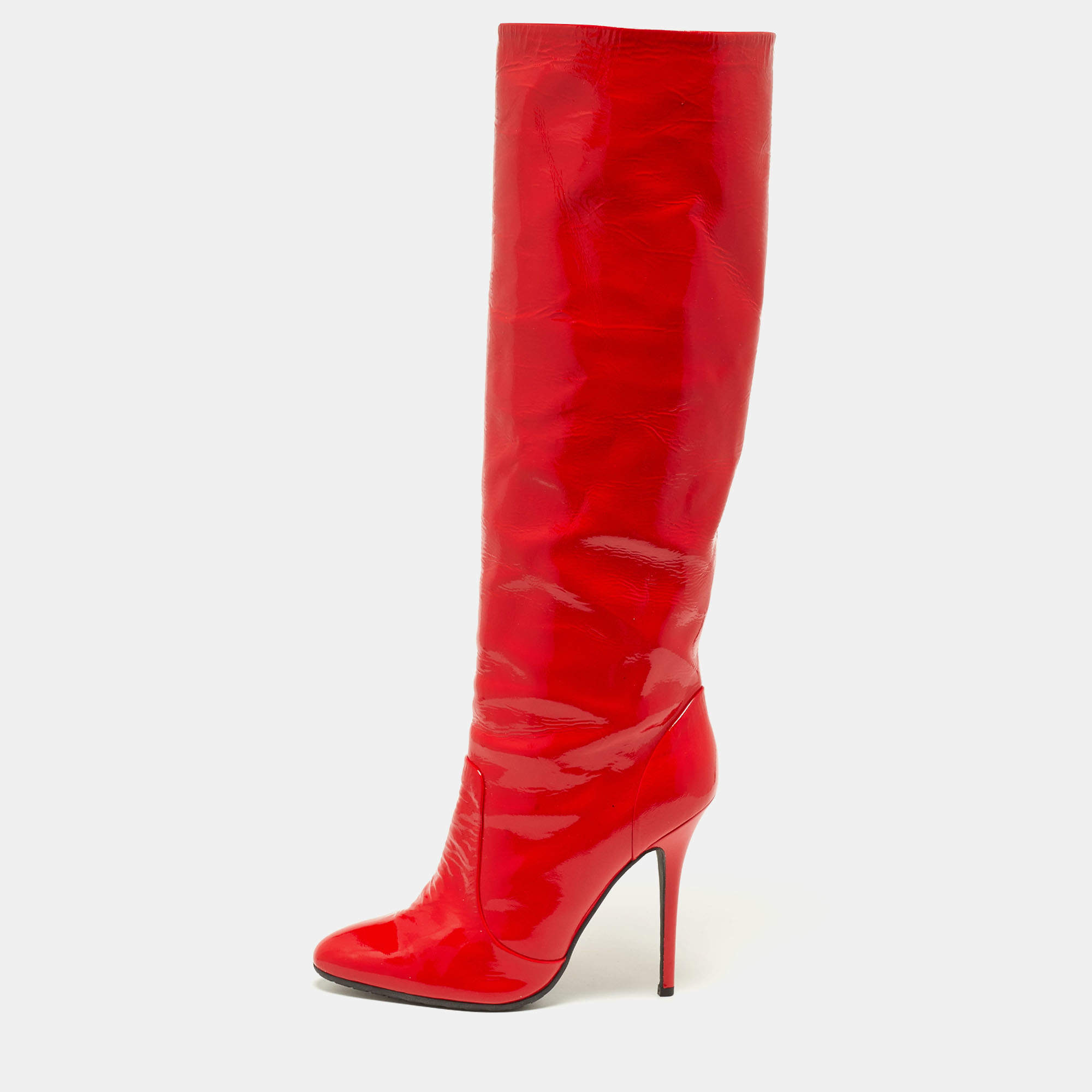 Pre Owned Giuseppe Zanotti Red Patent Leather Knee Length Boots Size 39.5