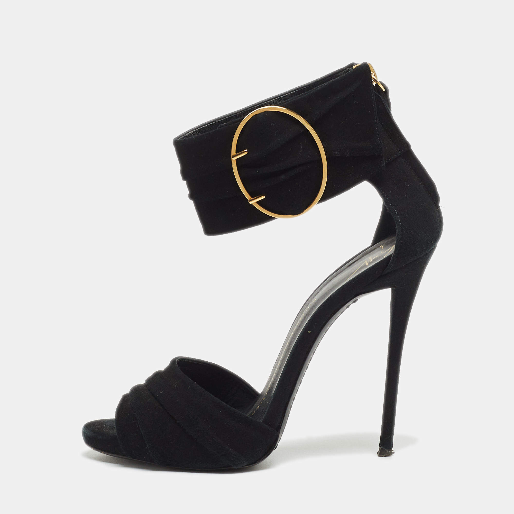 Pre Owned Giuseppe Zanotti Black Suede Buckle Detail Sandals Size 36
