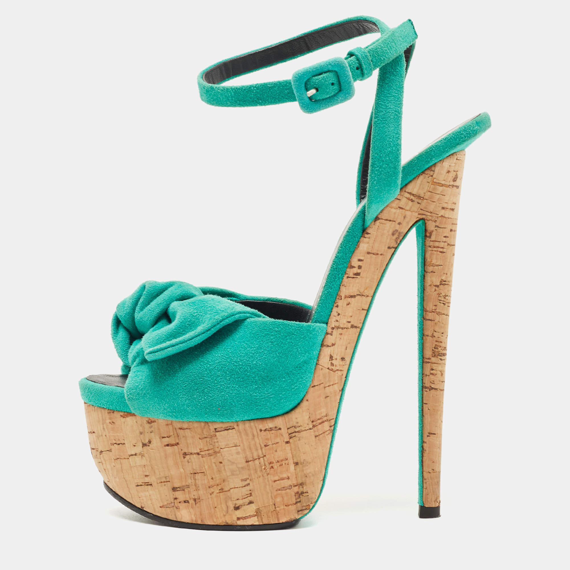 مملوكة مسبقًا Giuseppe Zanotti Green Suede Bow Cork Wedge Platform Ankle Strap Sandals Size 38