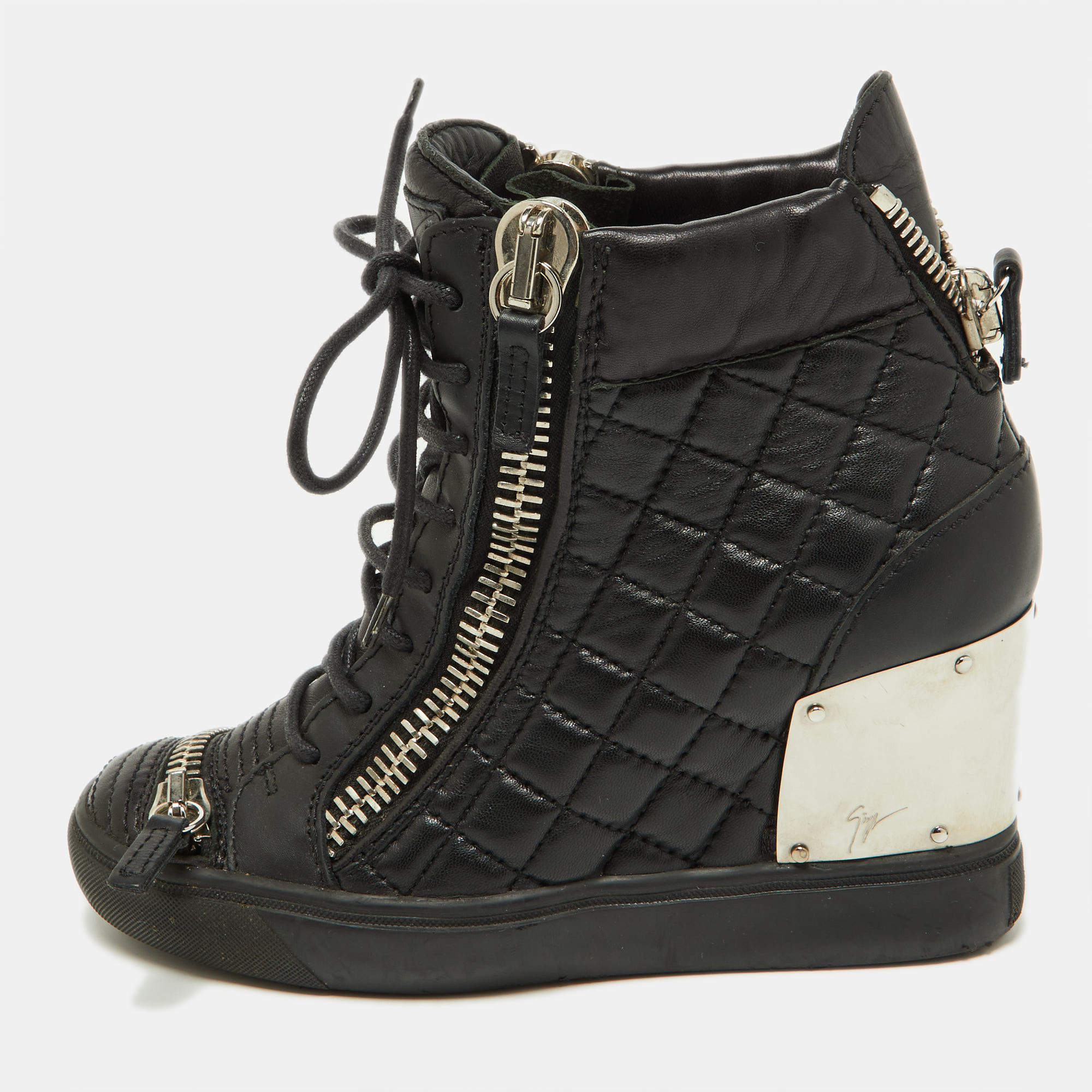 مملوكة مسبقًا Giuseppe Zanotti Black Quilted Leather Wedge Sneakers Size 36.5
