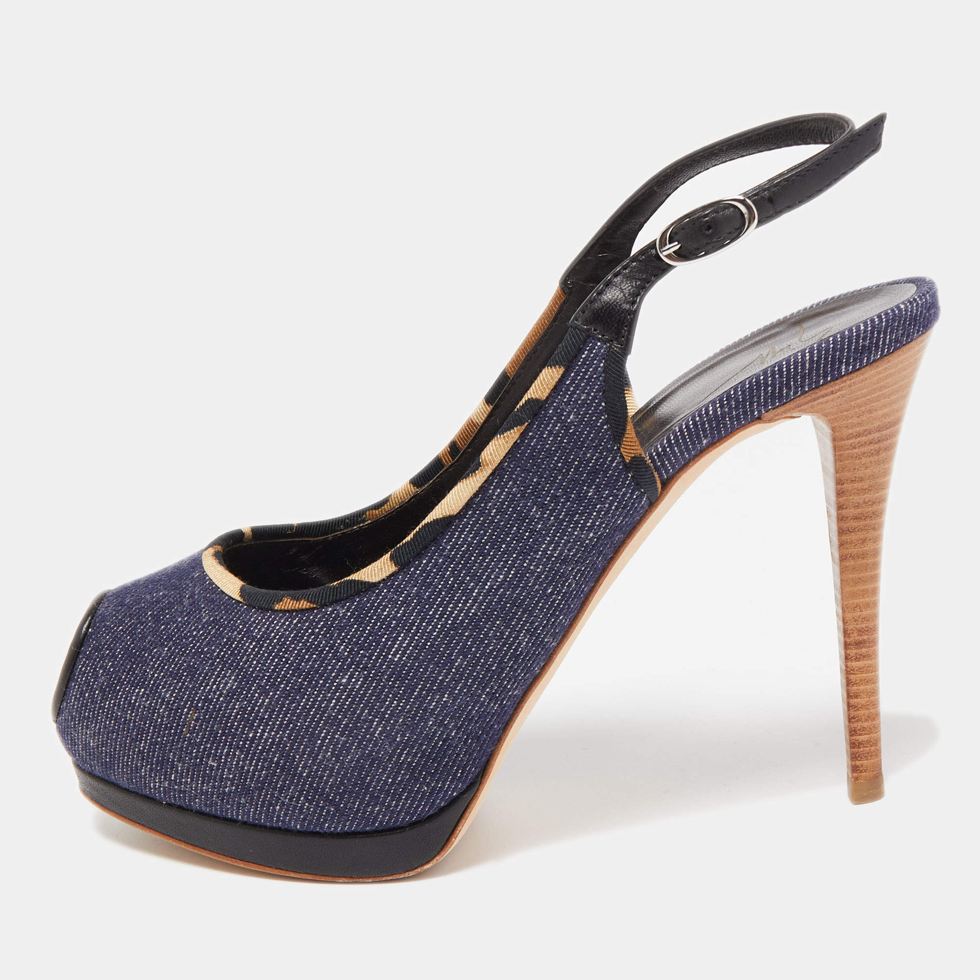 مملوكة مسبقًا Giuseppe Zanotti Navy Blue Denim Peep Toe Platform Slingback Pumps Size 37.5