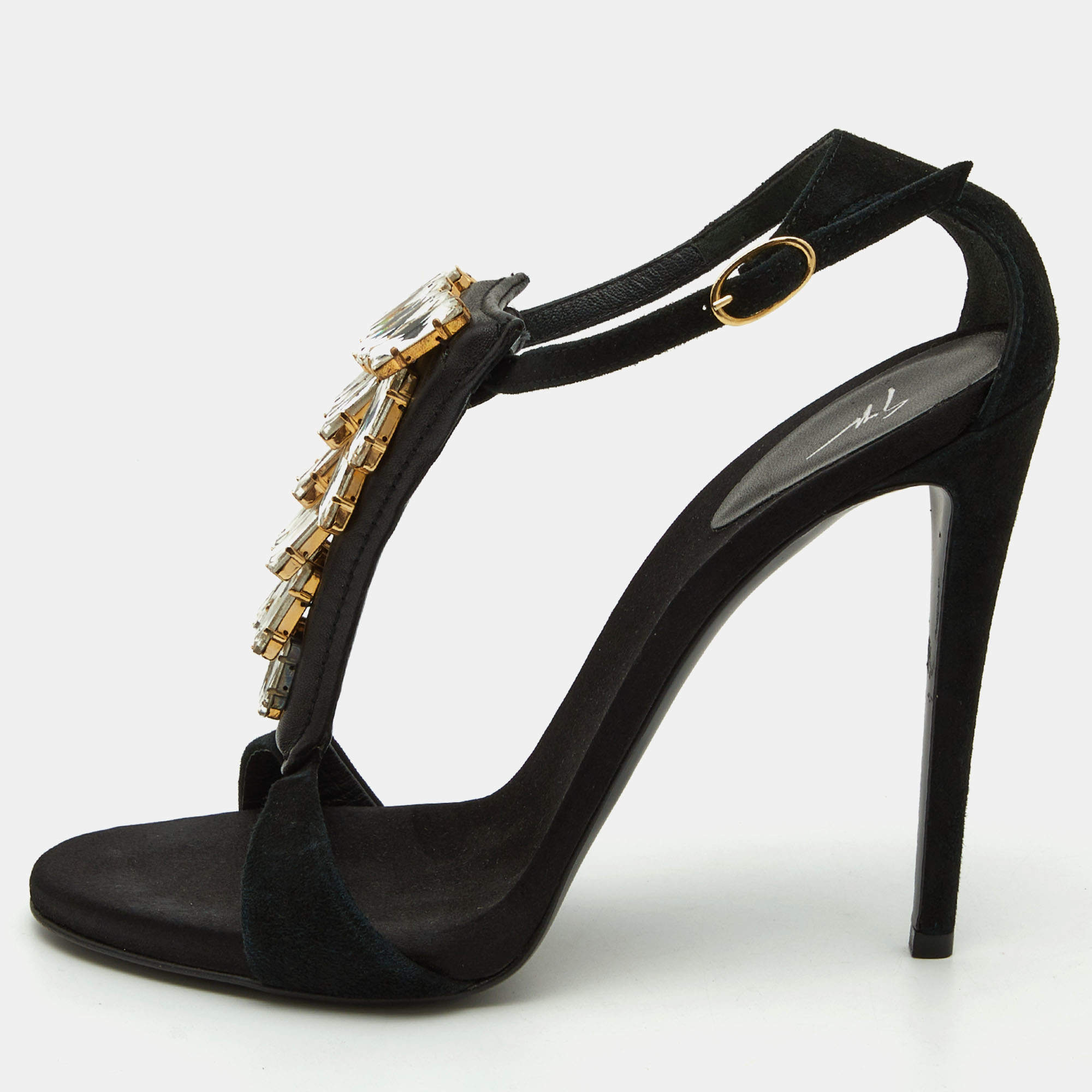 Pre Owned Giuseppe Zanotti Black Suede Crystal Embellished Ankle Strap Sandals Size 38