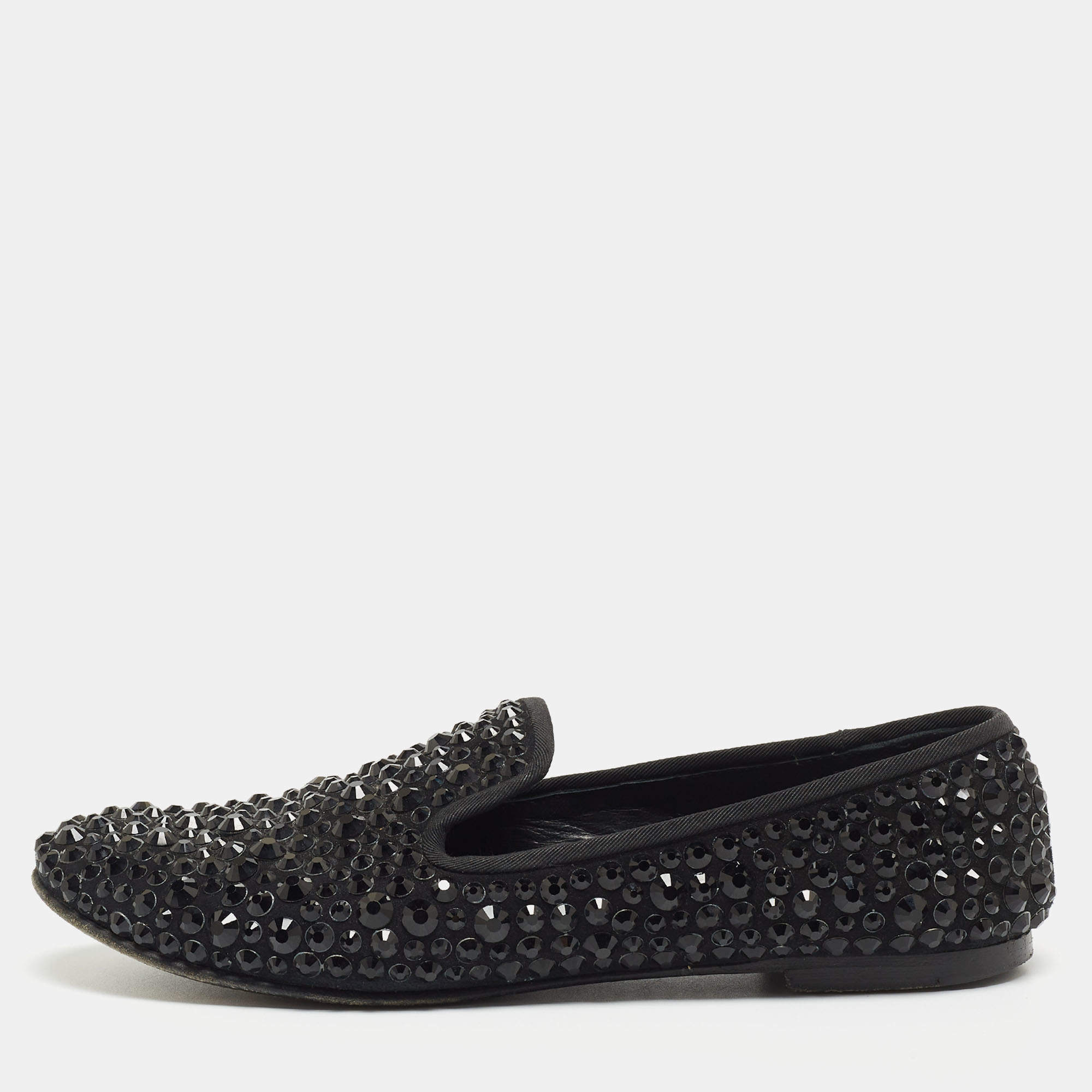 Giuseppe Zanotti Black Satin Crystal Studded Dalila Smoking Slipper Size 36