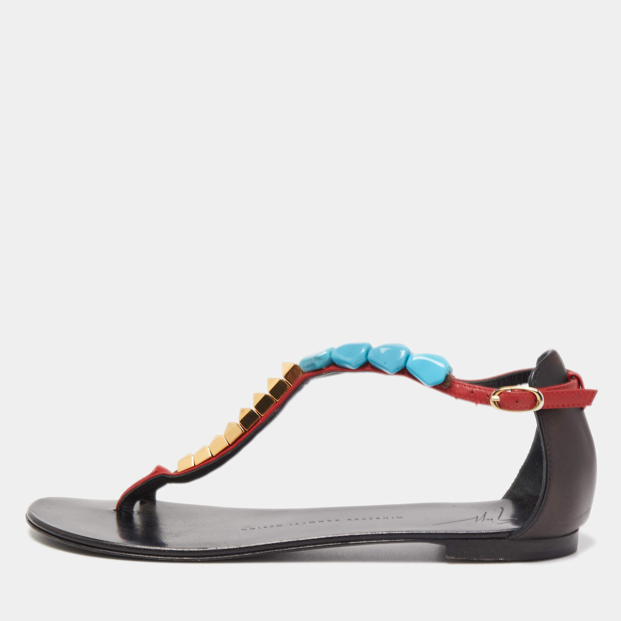 Pre Owned Giuseppe Zanotti Red/Black Leather Turquoise Beaded Ankle Strap Thong Sandals Size 38