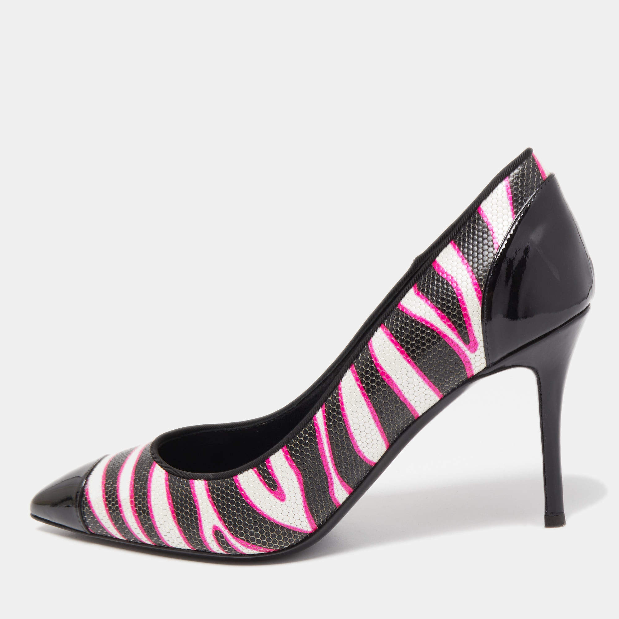 Pre Owned Giuseppe Zanotti Black/Pink Zebra Print Patent and Leather Pointed Toe Pumps Size 39