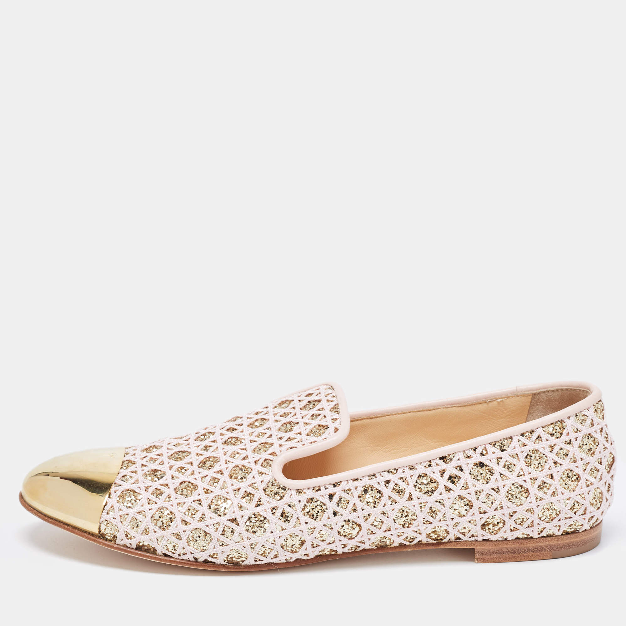 Giuseppe Zanotti Pink/Gold Coarse Glitter and Lace Smoking Slippers Size 40