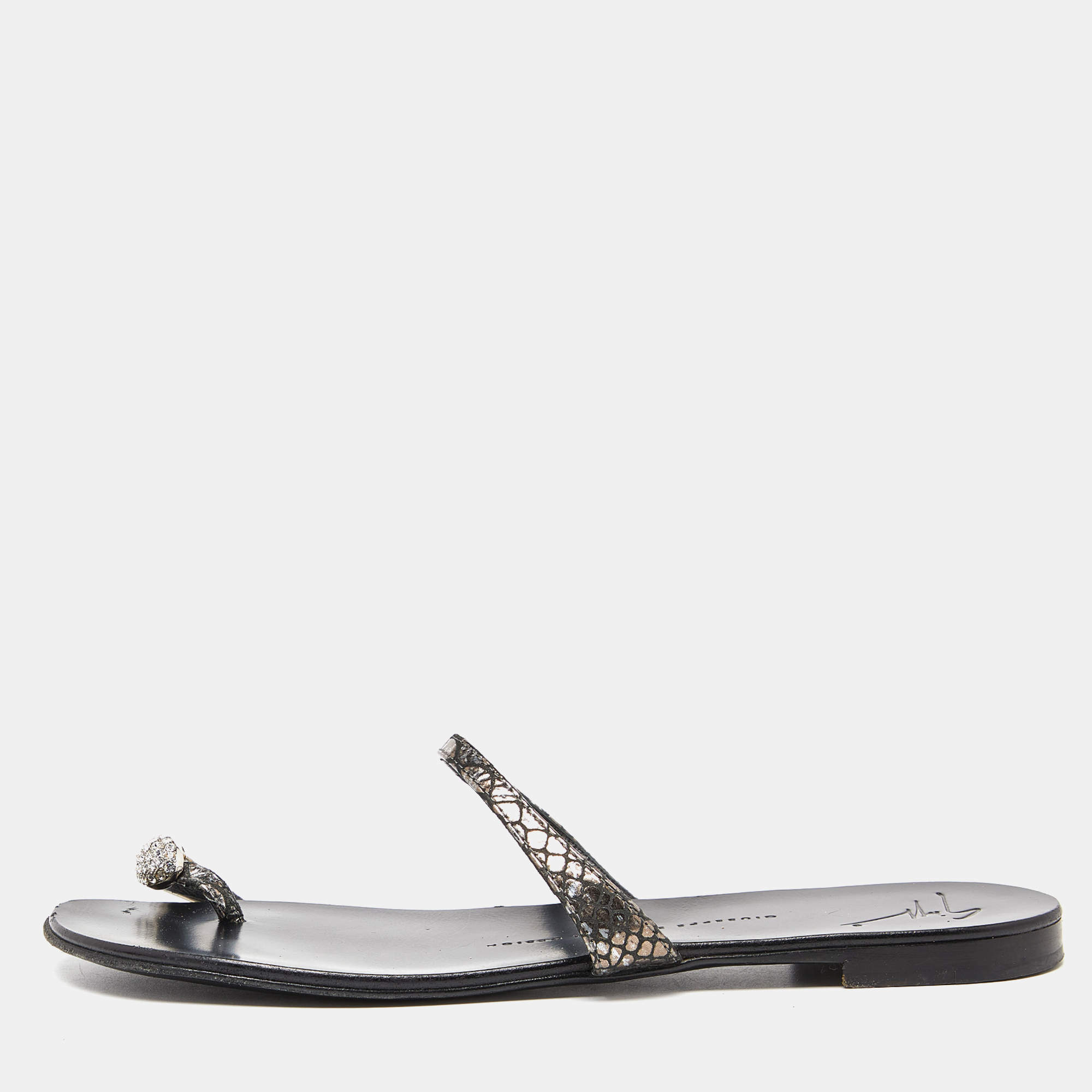 Giuseppe Zanotti Metallic Embossed Python Crystal Embellished Toe Ring Flats Size 38