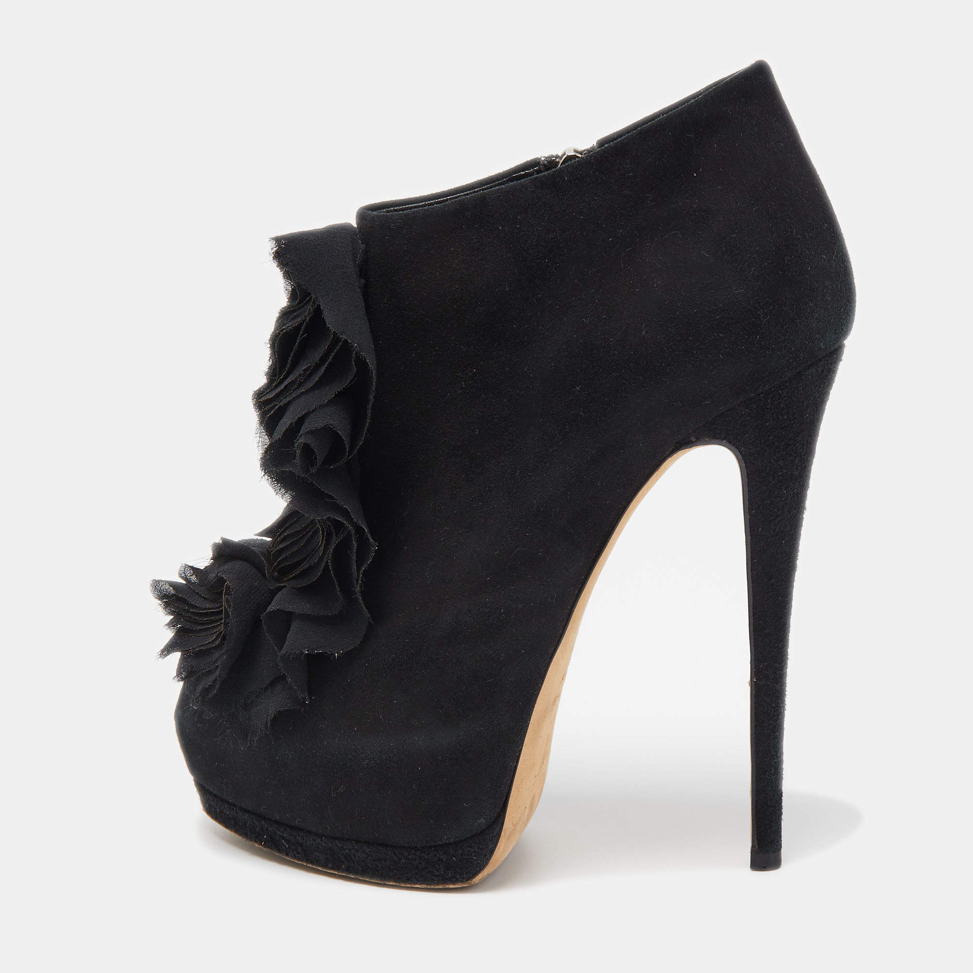 Giuseppe Zanotti Black Suede Frill Peep Toe Ankle Boots Size 37