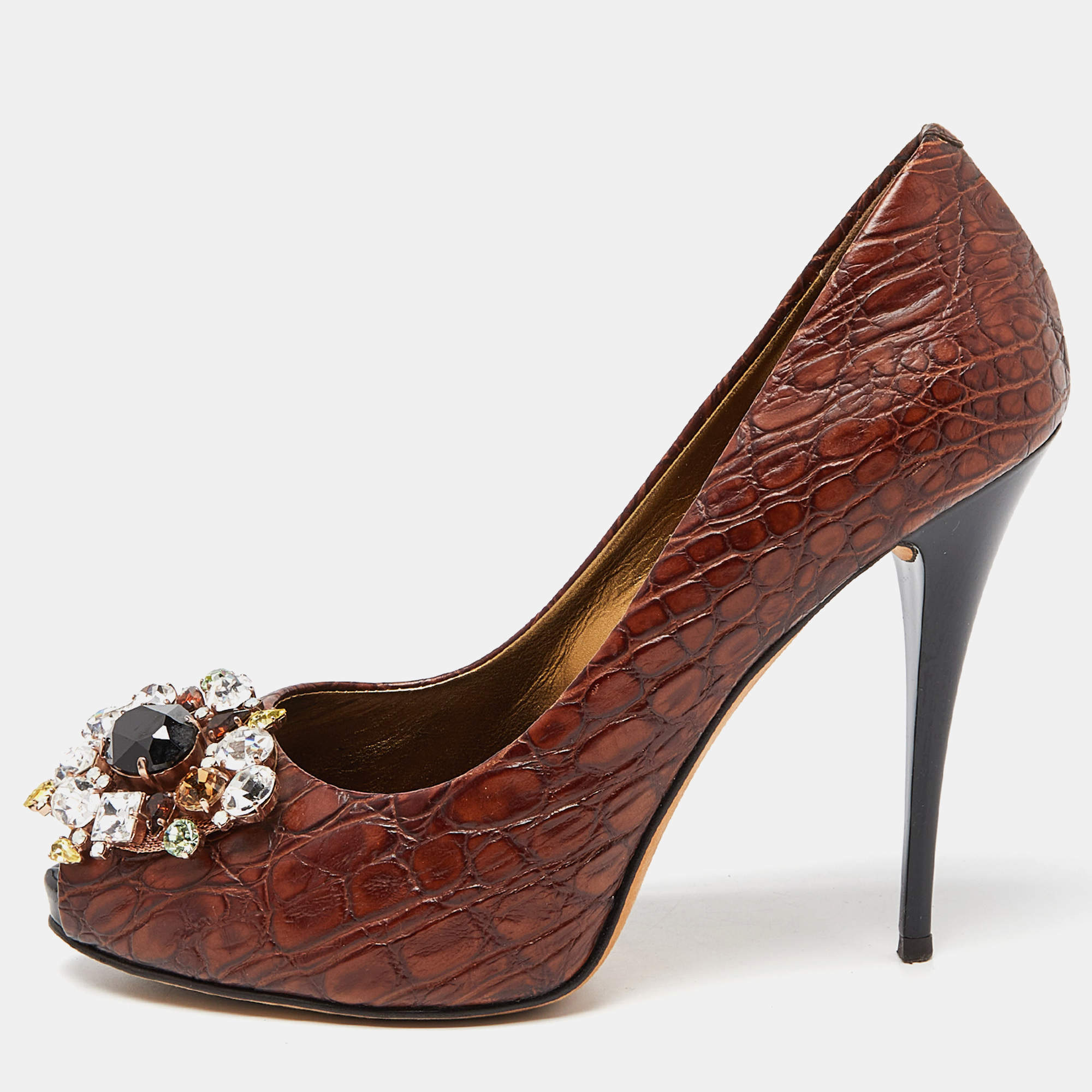 Giuseppe Zanotti Brown Croc Embossed Leather Crystal Embellished Peep Toe Pumps Size 37
