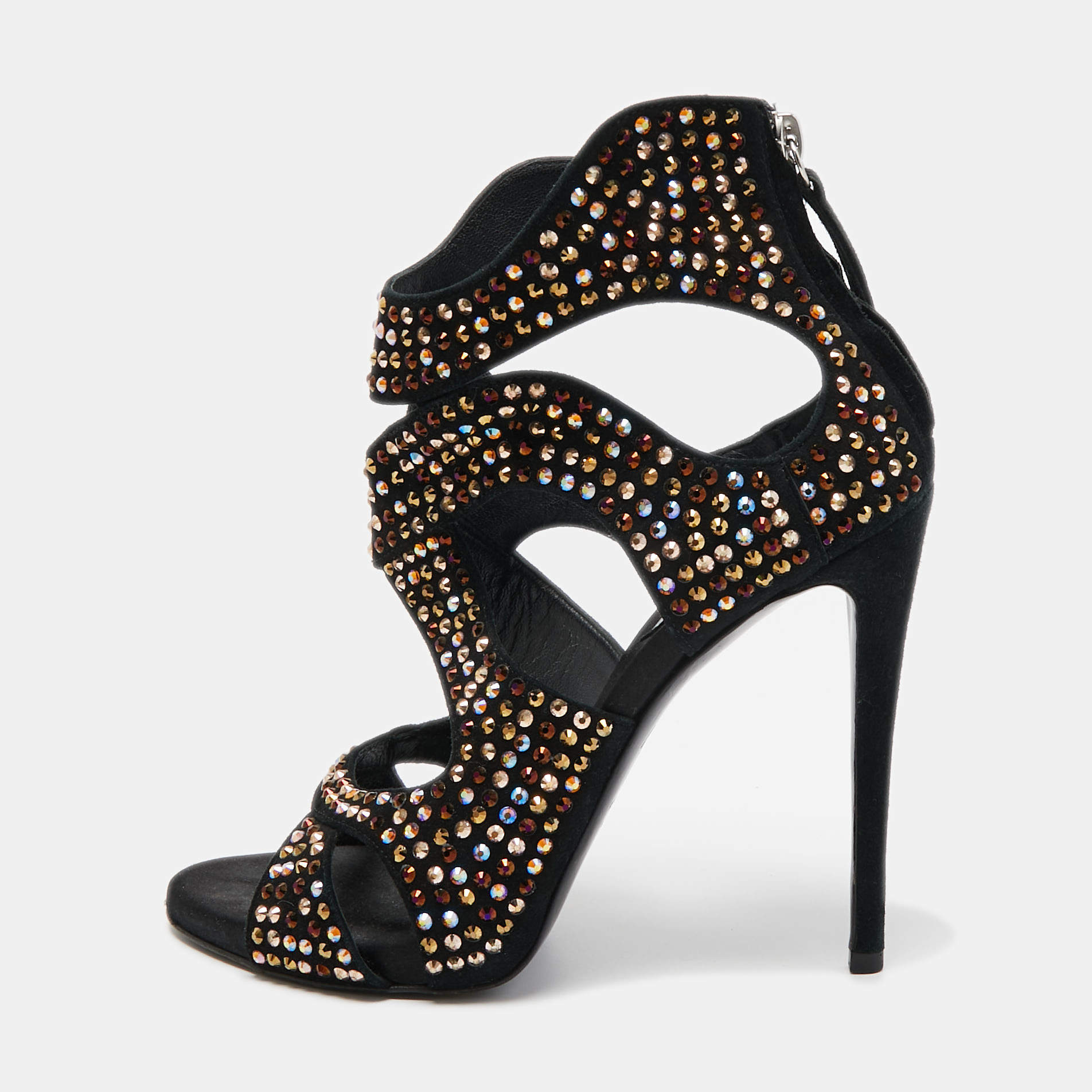 Pre Owned Giuseppe Zanotti Black Suede Crystal Embellished Sandals Size 37