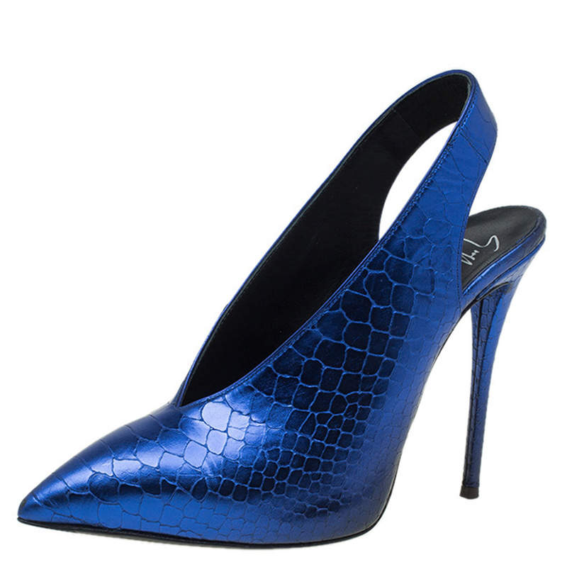 Pre Owned Giuseppe Zanotti Metallic Blue Python Embossed Leather Slingback Booties Size 36