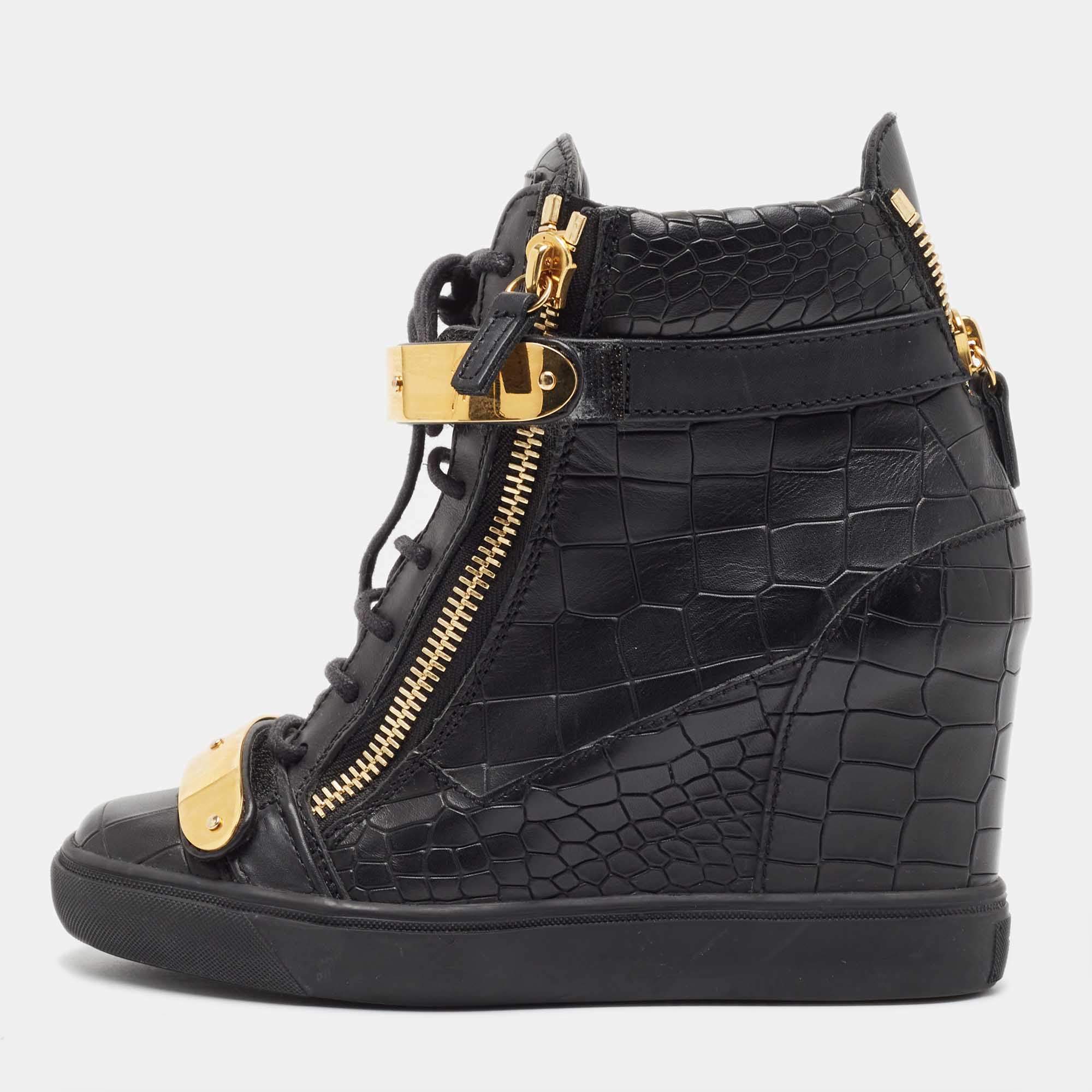 Pre Owned Giuseppe Zanotti Black Croc Embossed Leather Sneakers Size 38.5