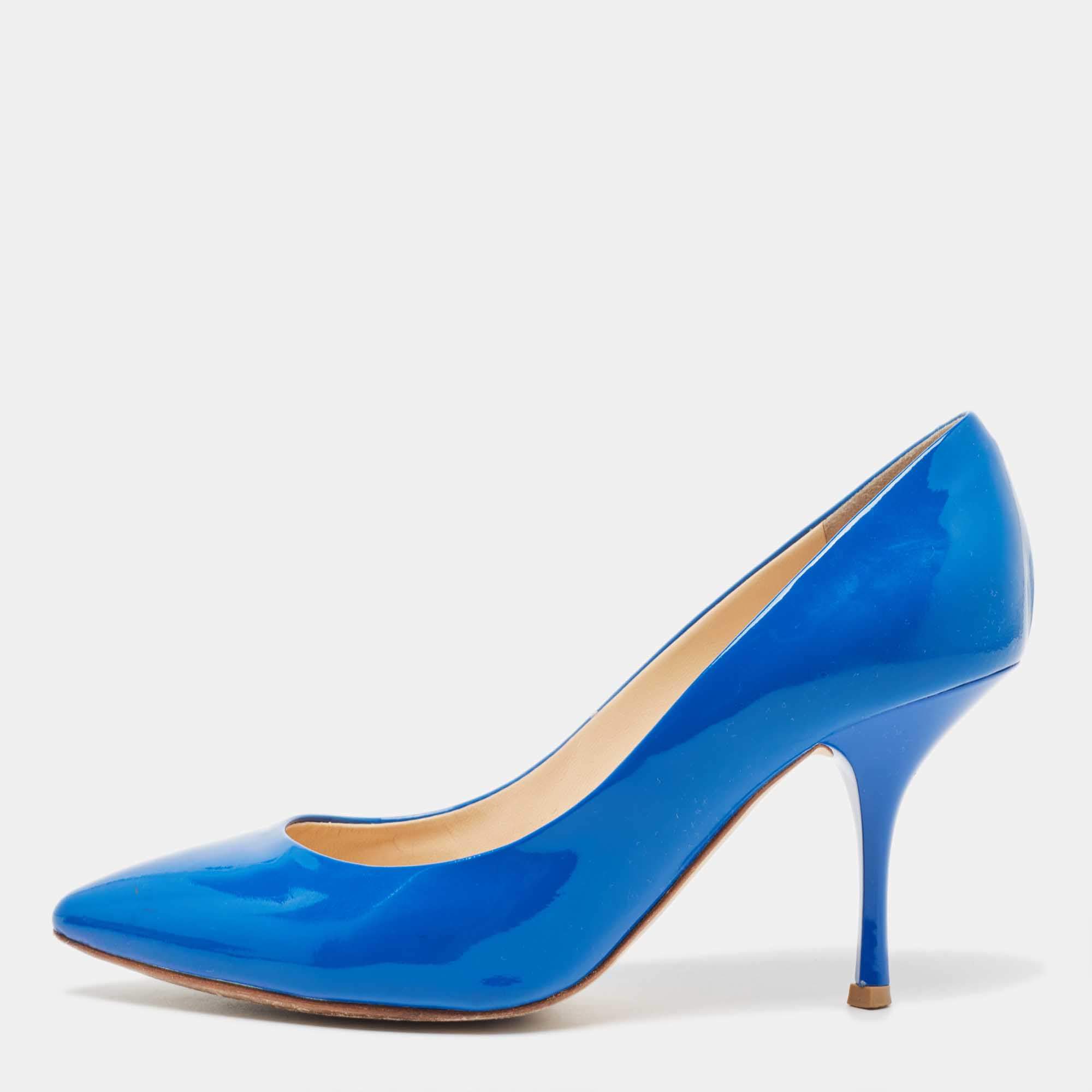Pre Owned Giuseppe Zanotti Blue Patent Leather Pointed Toe Pumps Size 37.5
