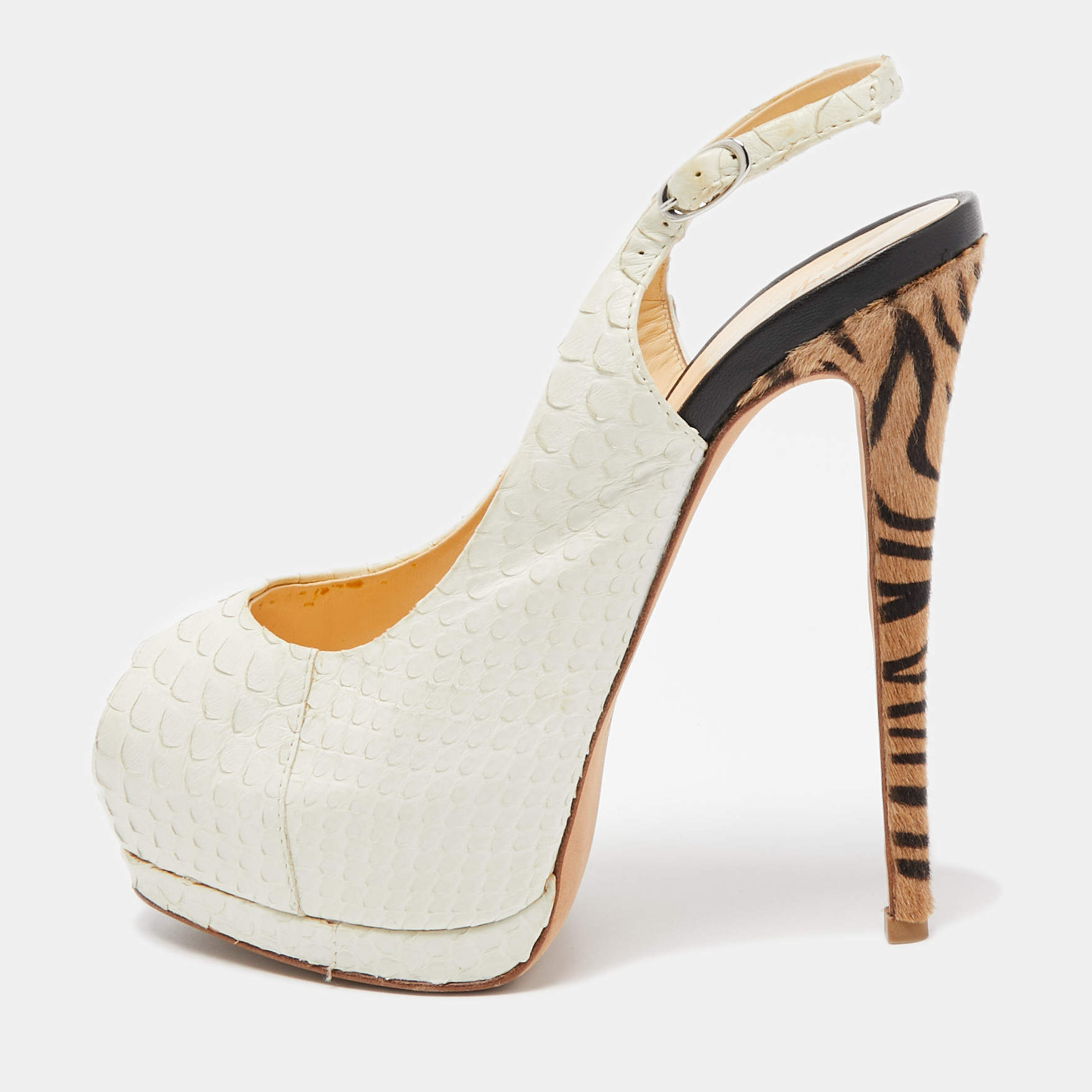 Pre Owned Giuseppe Zanotti White Python Peep Toe Platform Slingback Pumps Size 37