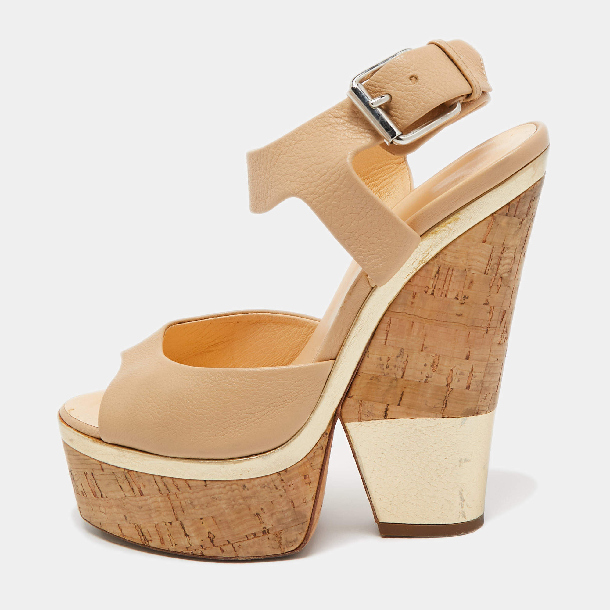 Pre Owned Giuseppe Zanotti Beige Leather Cork Wedge Platform Ankle Strap Sandals Size 37