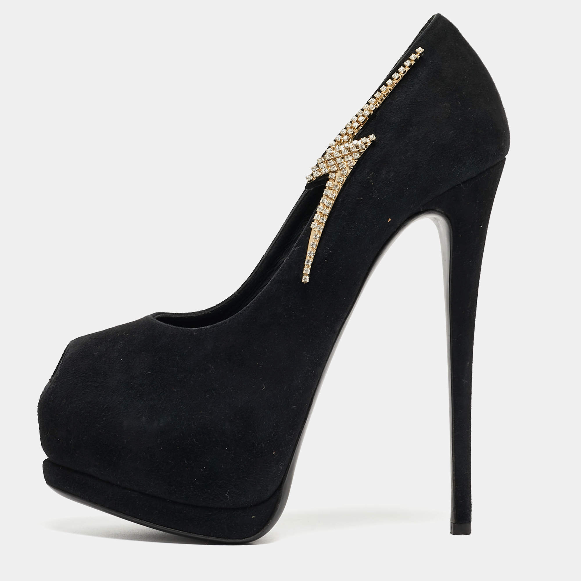 Pre Owned Giuseppe Zanotti Black Suede Crystal Embellished Peep Toe Pumps Size 37.5