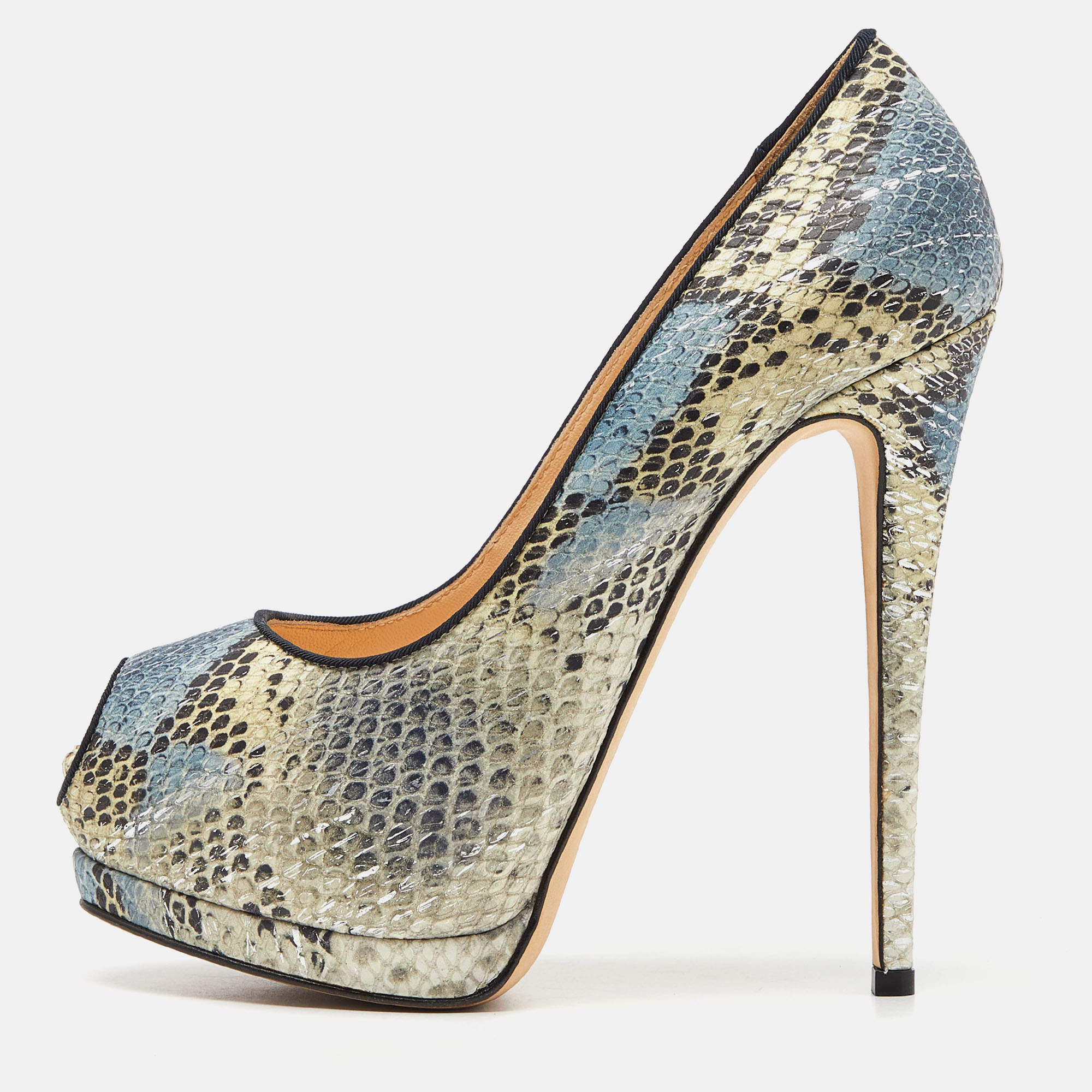 Giuseppe Zanotti Tricolor Embossed Python Sharon Peep Toe Pumps Size 38