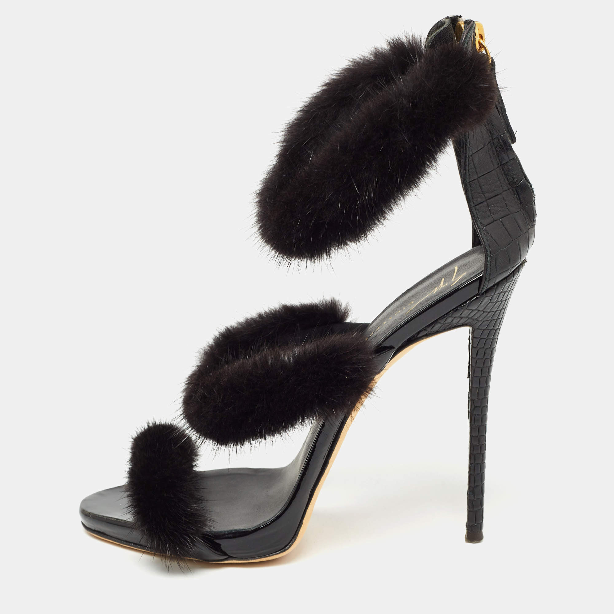 Pre Owned Giuseppe Zanotti Black Croc Embossed and Fur Harmony  Ankle Strap Sandals Size 38