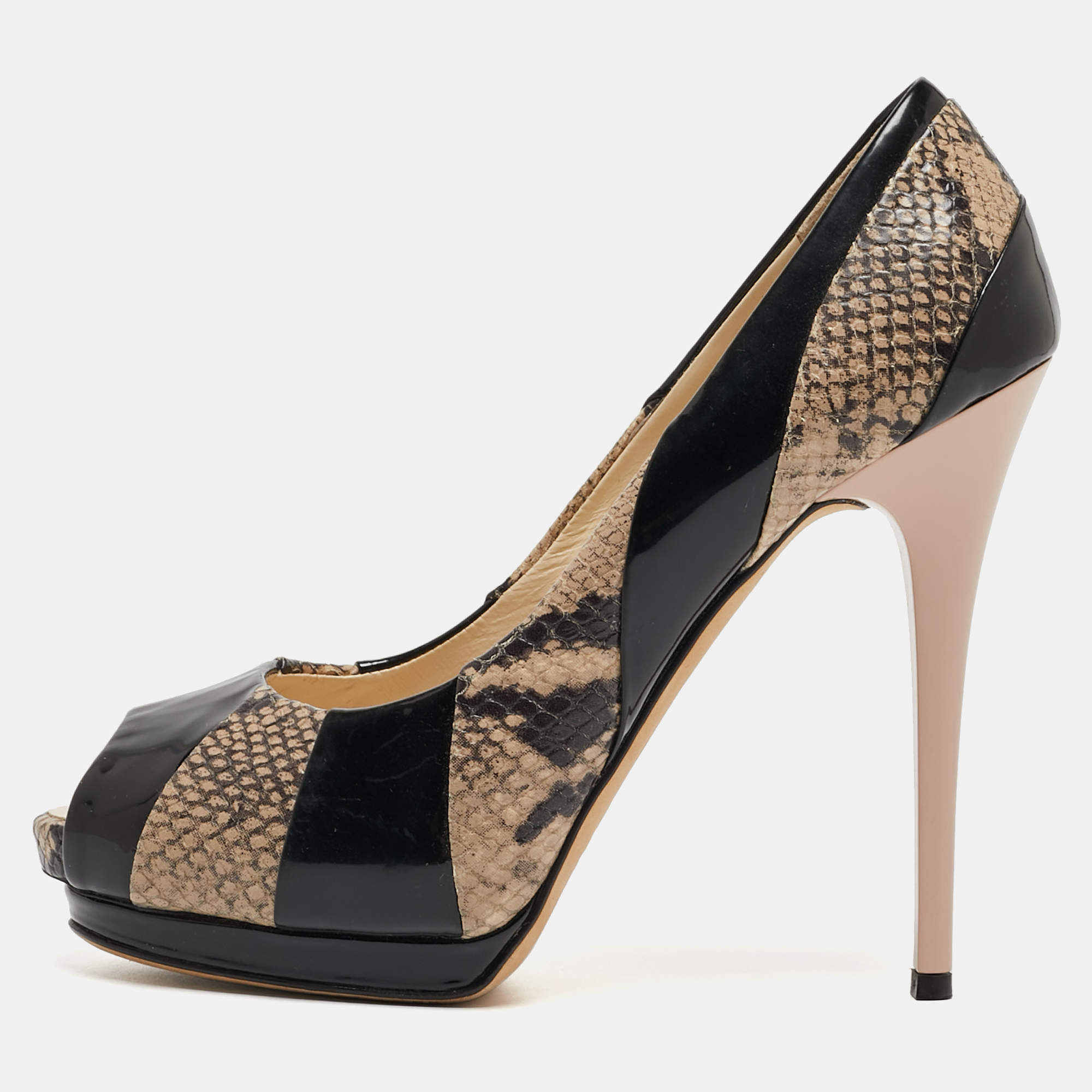 Giuseppe Zanotti Tricolor Embossed Python and Patent Leather Platform Peep Toe Pumps Size 40