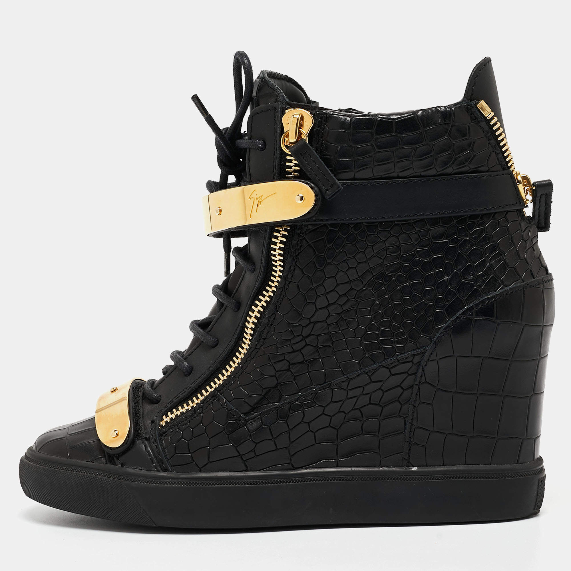 Pre Owned Giuseppe Zanotti Black Croc Embossed Leather Lorenz Wadge Sneakers Size 41