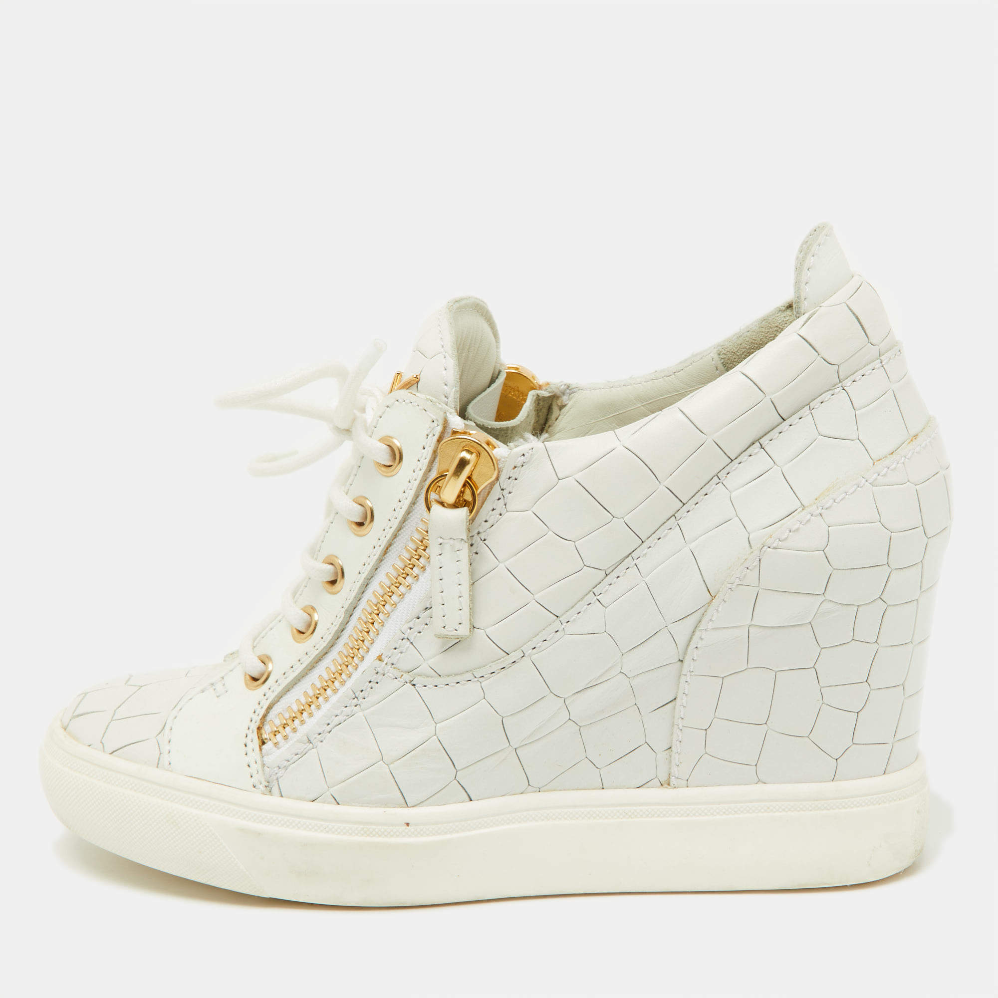 Giuseppe Zanotti White Croc Embossed Leather Wedge Sneakers Size 37.5