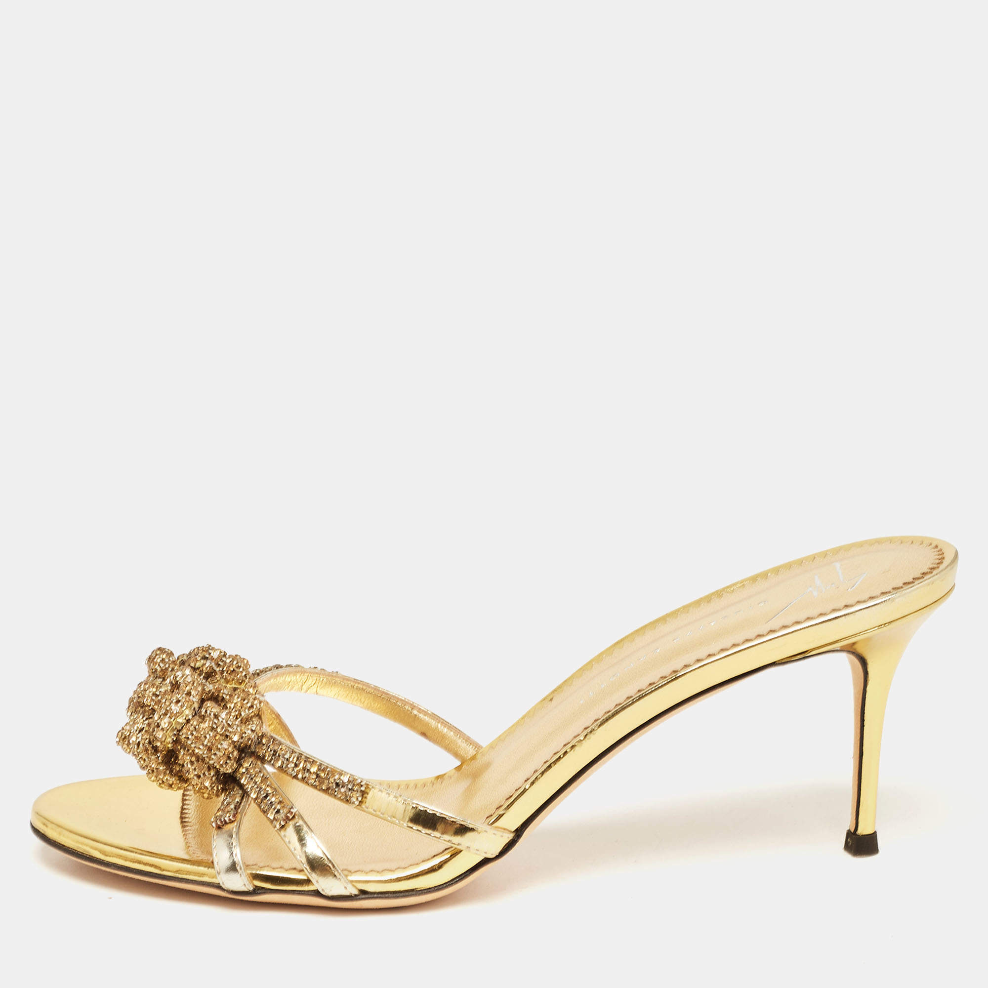 Pre Owned Giuseppe Zanotti Gold Patent Leather Knot Crystals Slip On Sandals Size 39