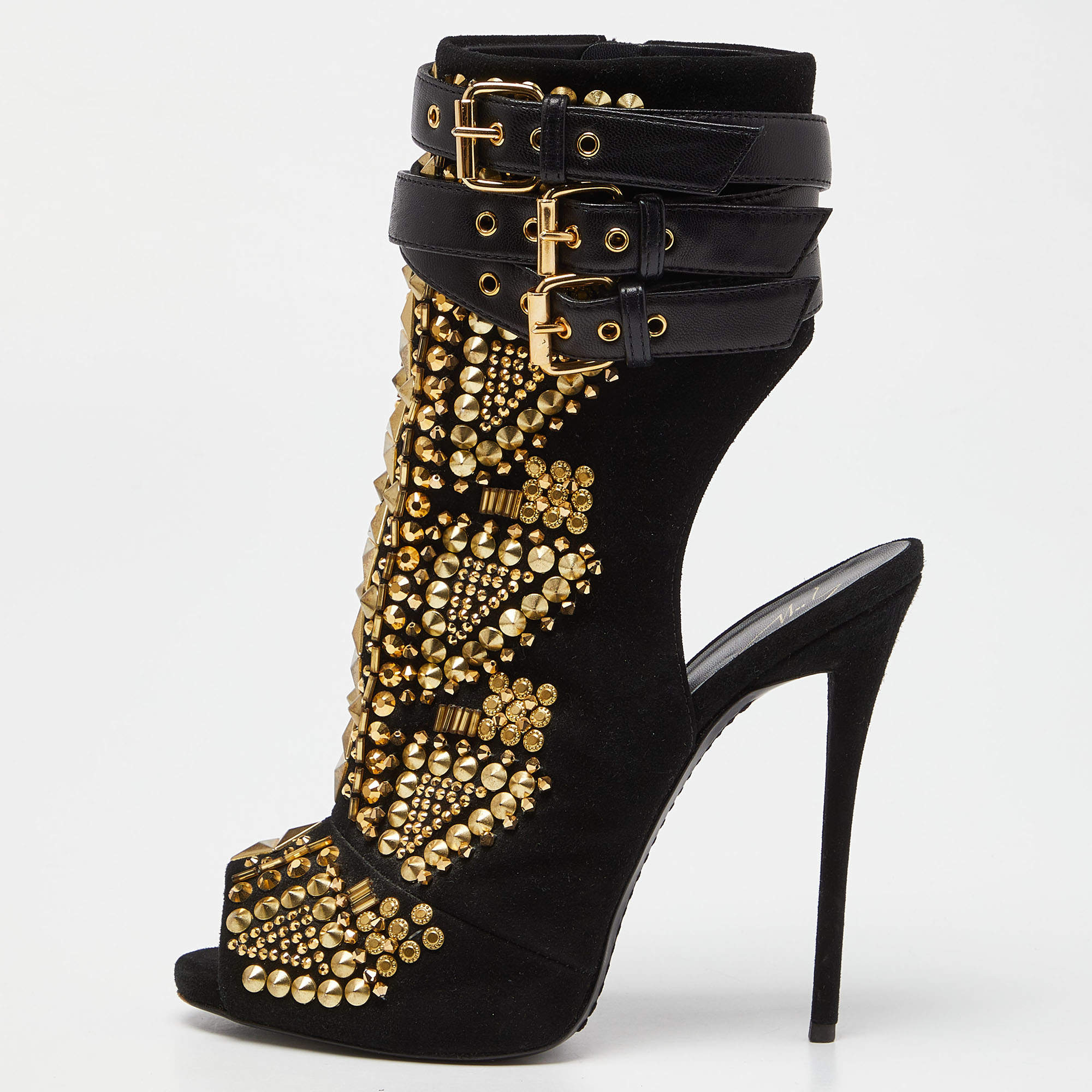 Pre Owned Giuseppe Zanotti Black Suede and Leather Studded Cutout Peep Toe Ankle Boots Size 37