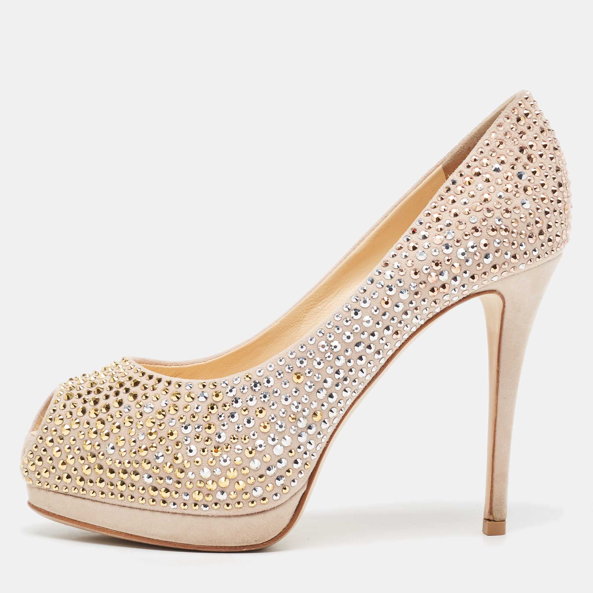 Giuseppe Zanotti Beige Suede Crystal Embellished Peep Toe Platform Pumps Size 36