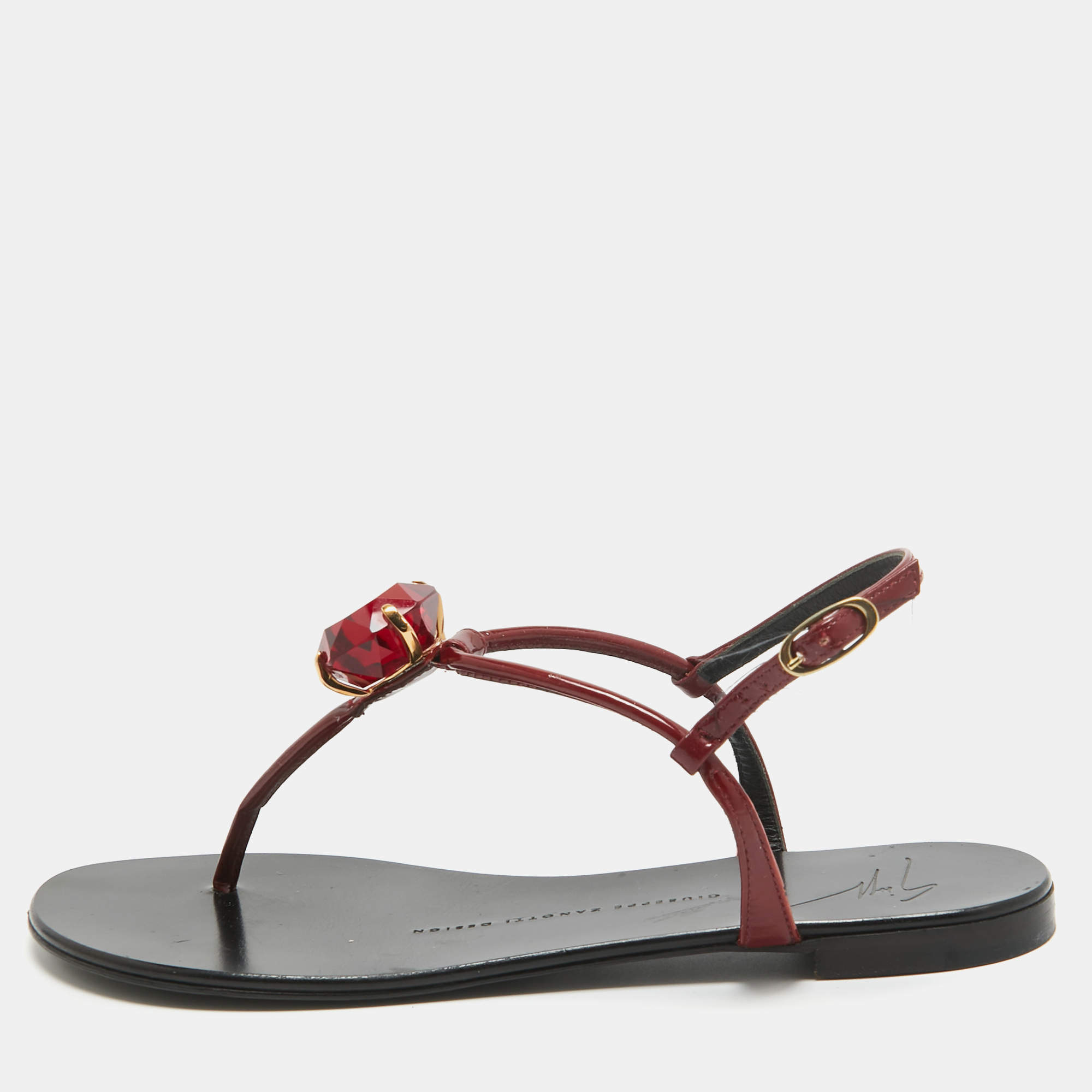 مملوكة مسبقًا Giuseppe Zanotti Burgundy Patent Leather Crystal Embellished Thong Flat Sandals Size 37