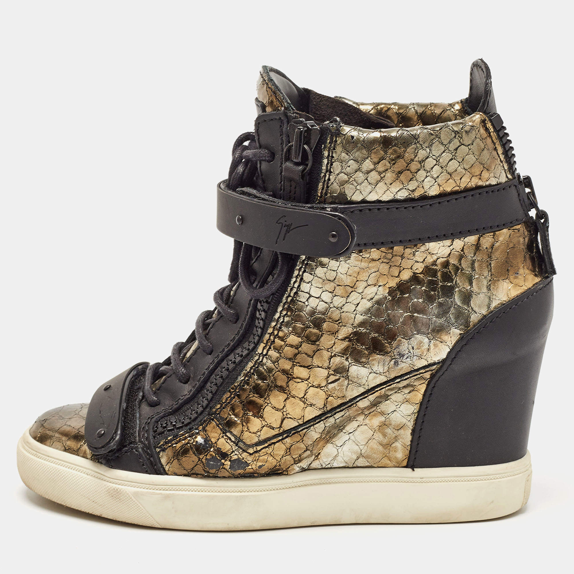 Giuseppe Zanotti Metallic Python Embossed Wedge Sneakers Size 38