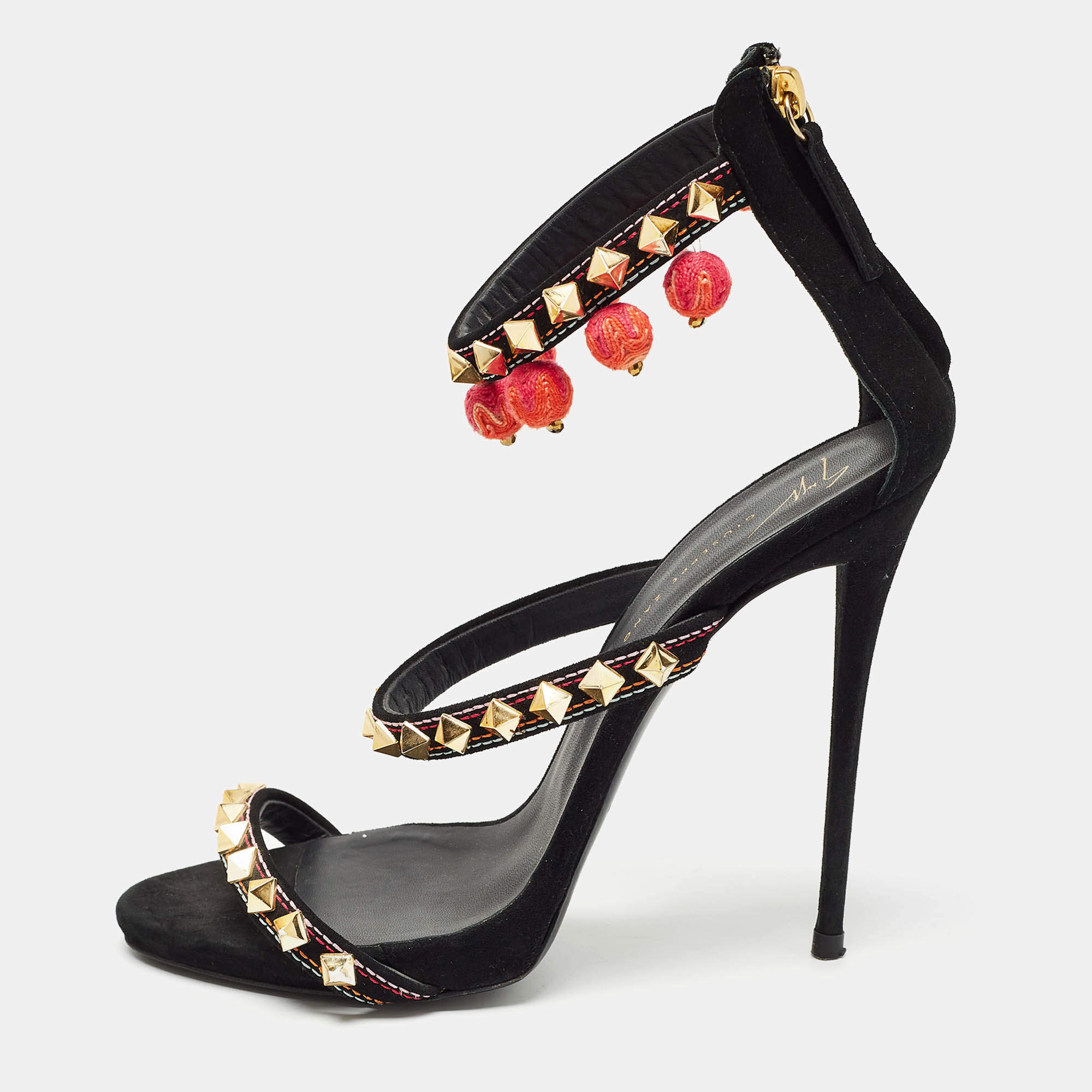 Pre Owned Giuseppe Zanotti Black Suede Ankle Embellished Ankle Strap Sandals Size 40