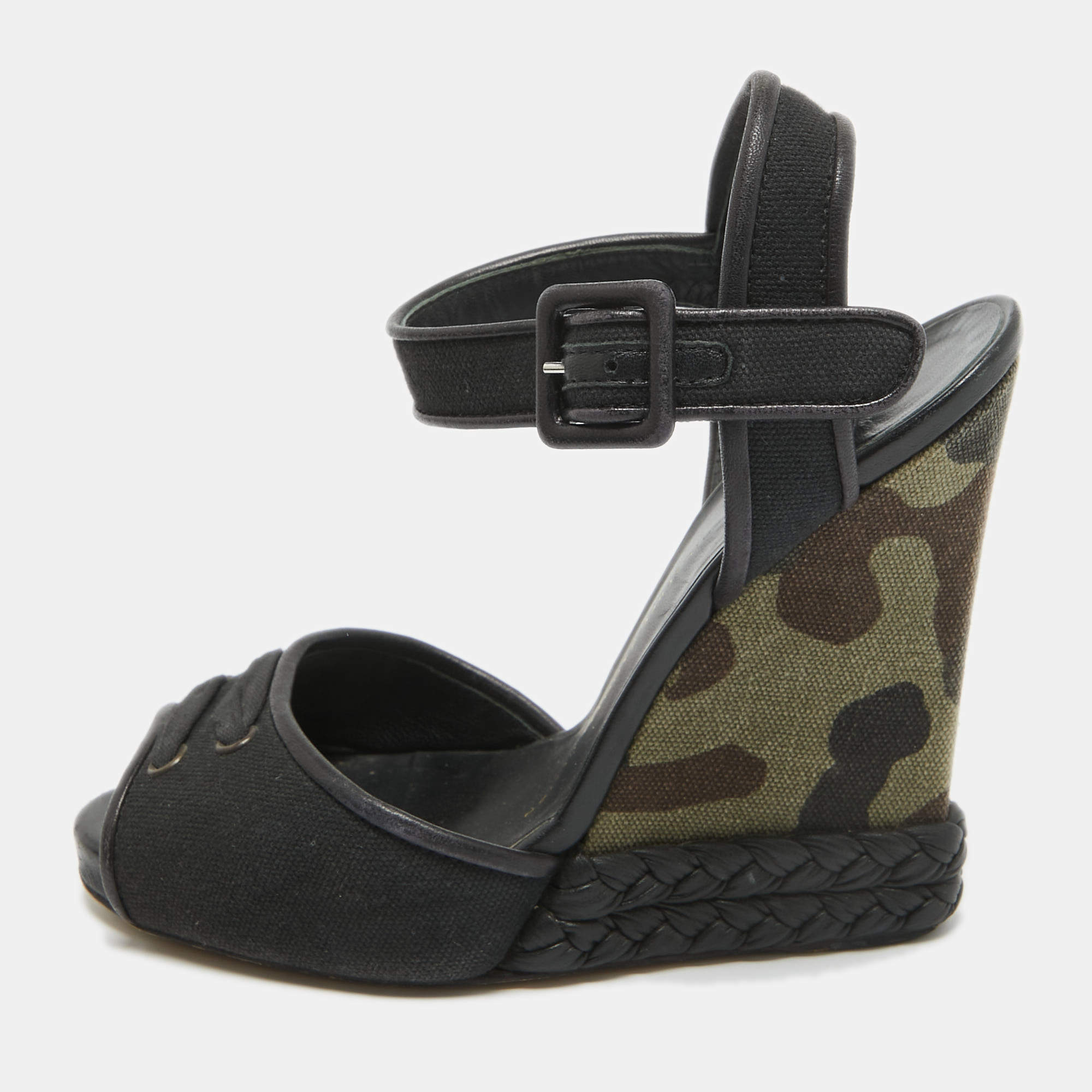 Pre Owned Giuseppe Zanotti Black Canvas Camo Wedge Ankle Strap Sandals Size 37