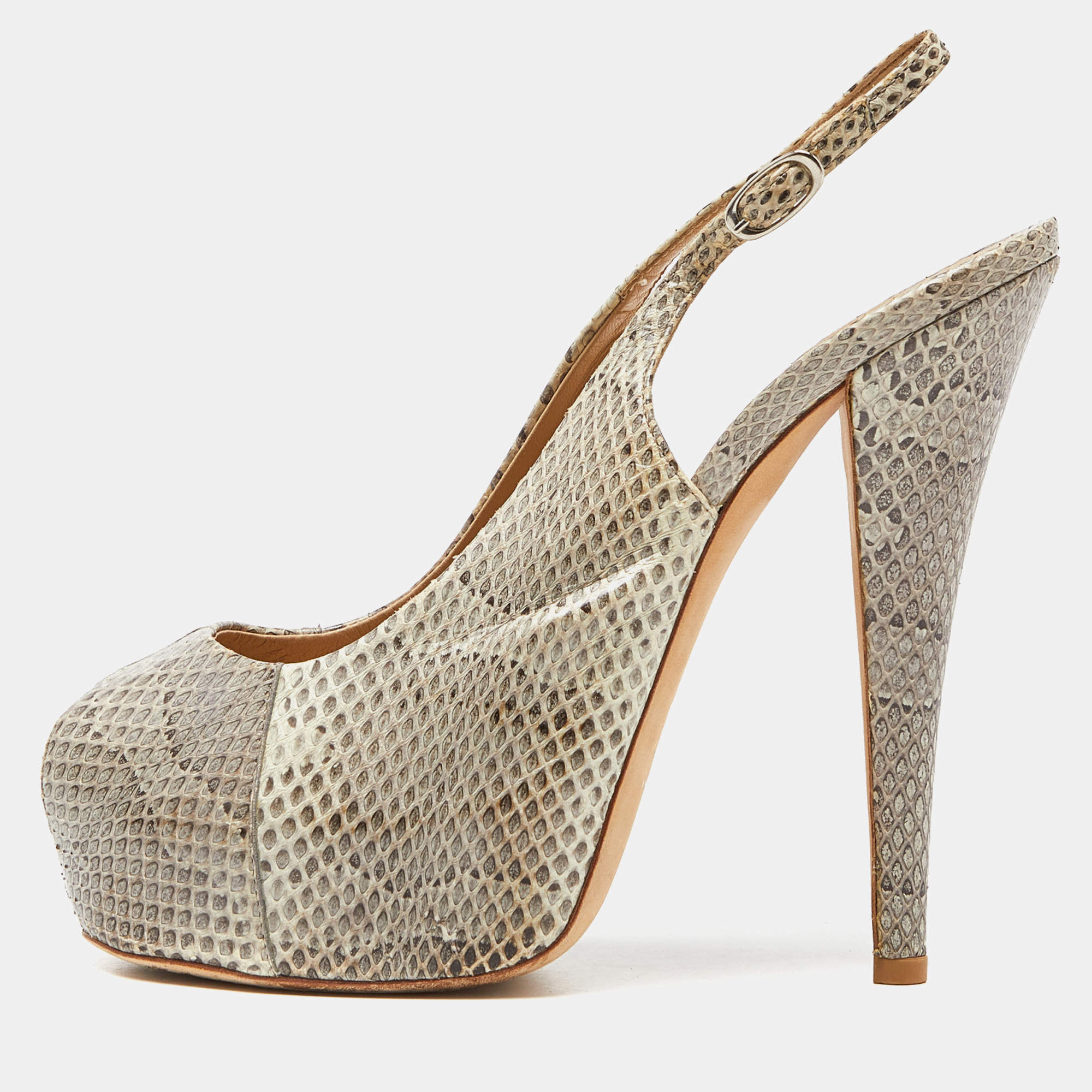 Giuseppe Zanotti Beige Python Leather Platform Peep Toe Slingback Sandals Size 38.5