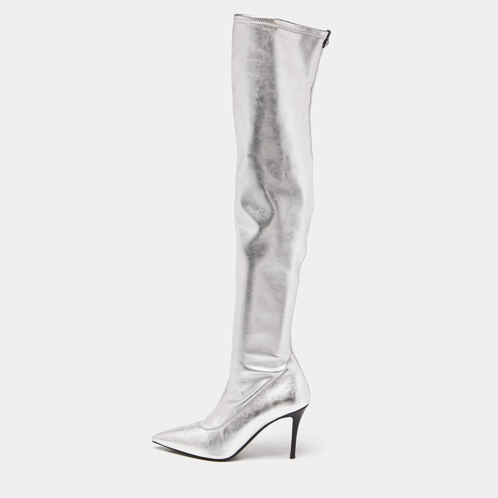 Pre Owned Giuseppe Zanotti Silver Foil Leather Over The Knee Pointed Toe Boots Size 40