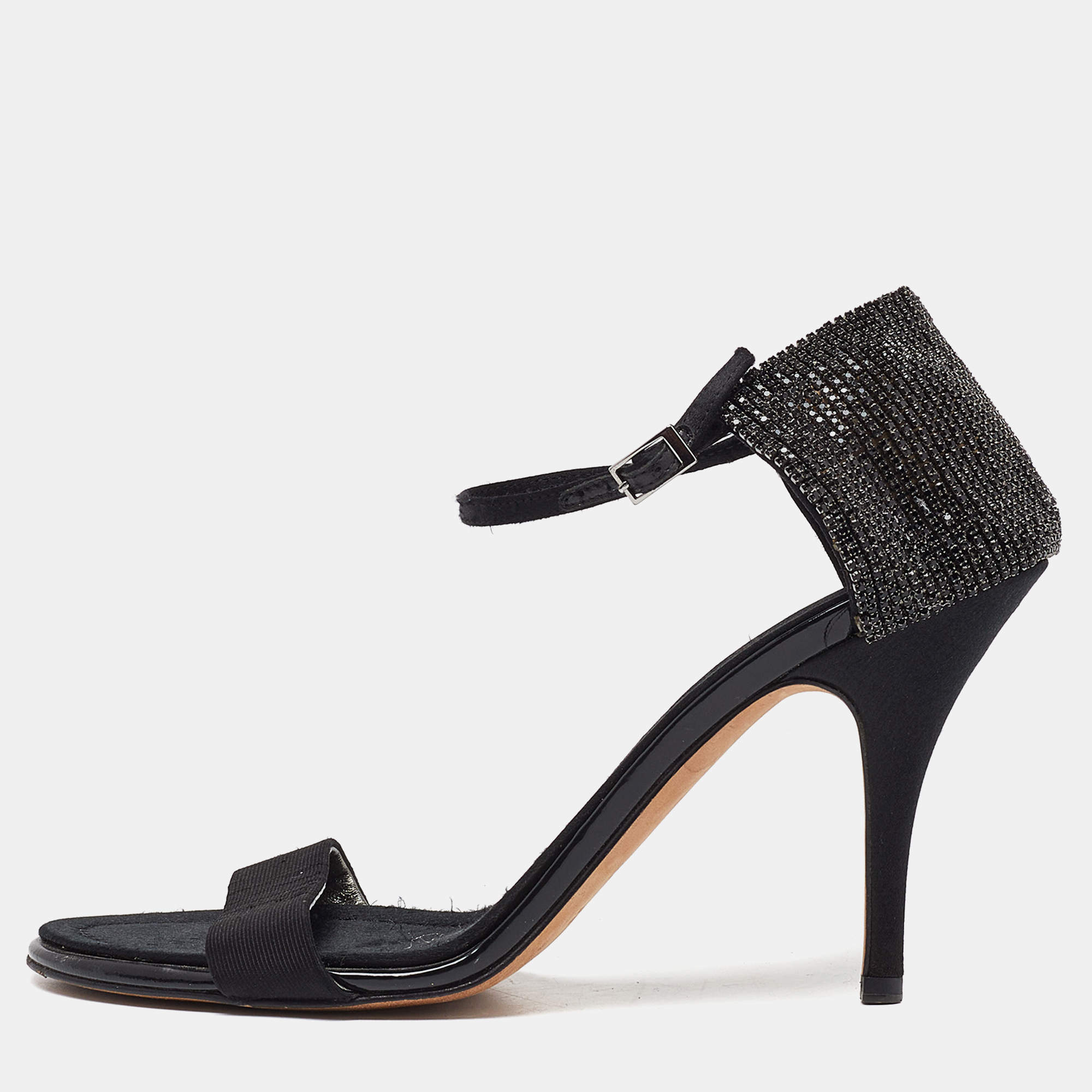 Giuseppe Zanotti Black Fabric and Crystal Embellished Ankle Strap Sandals Size 39.5