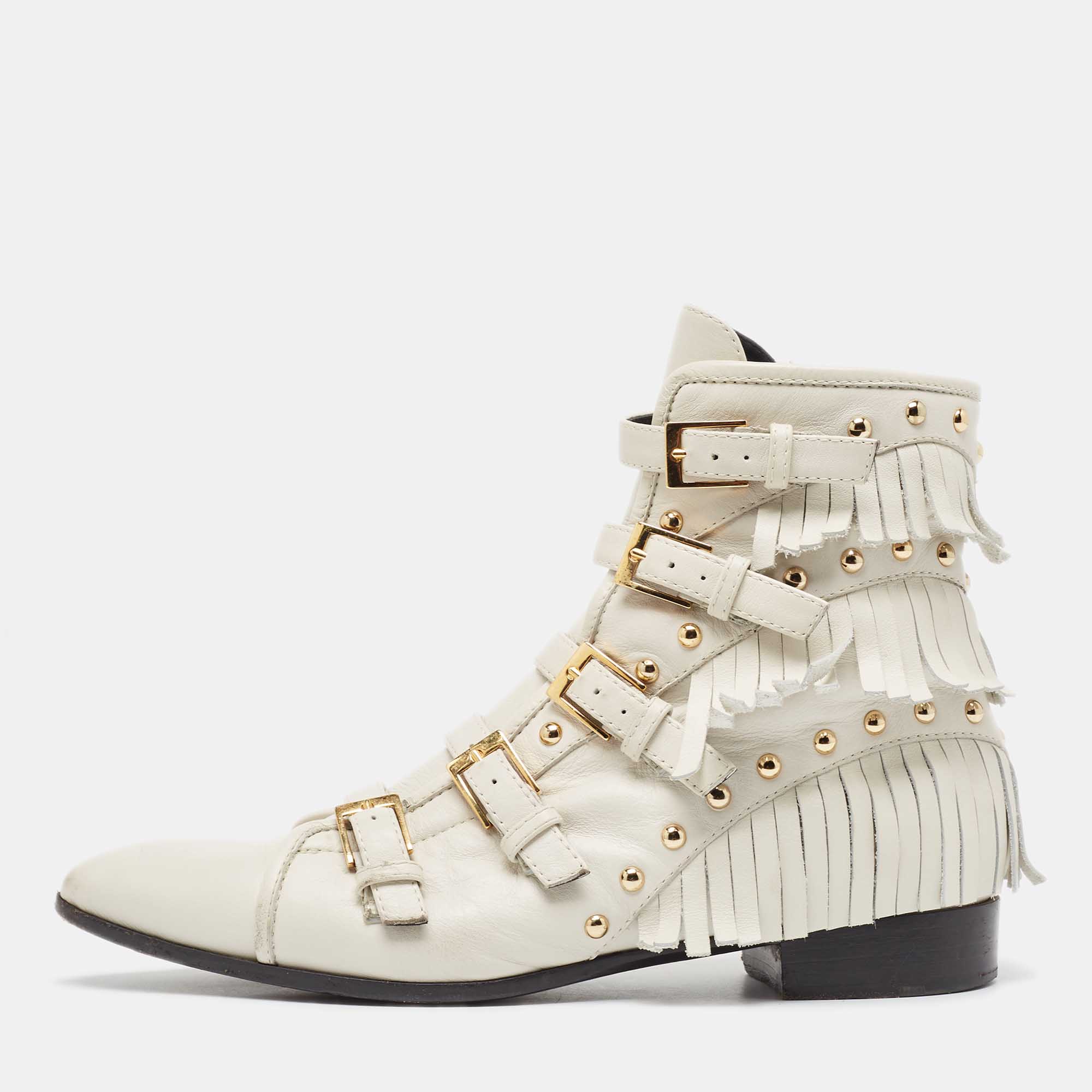 Giuseppe Zanotti Cream Leather Studded and Fringed Buckled Ankle Boots Size 39