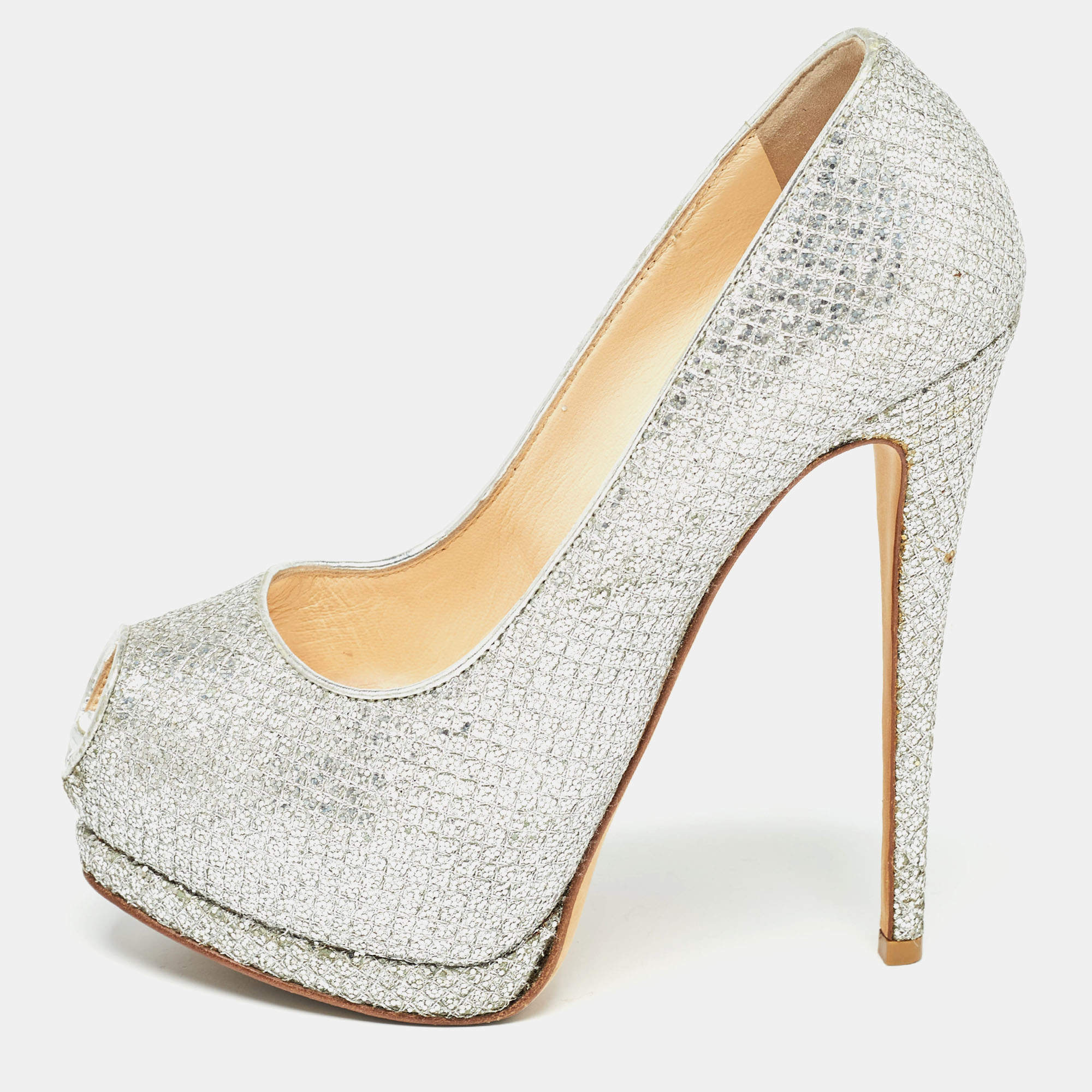 Giuseppe Zanotti Silver Glitter Fabric Sharon Pumps Size 36