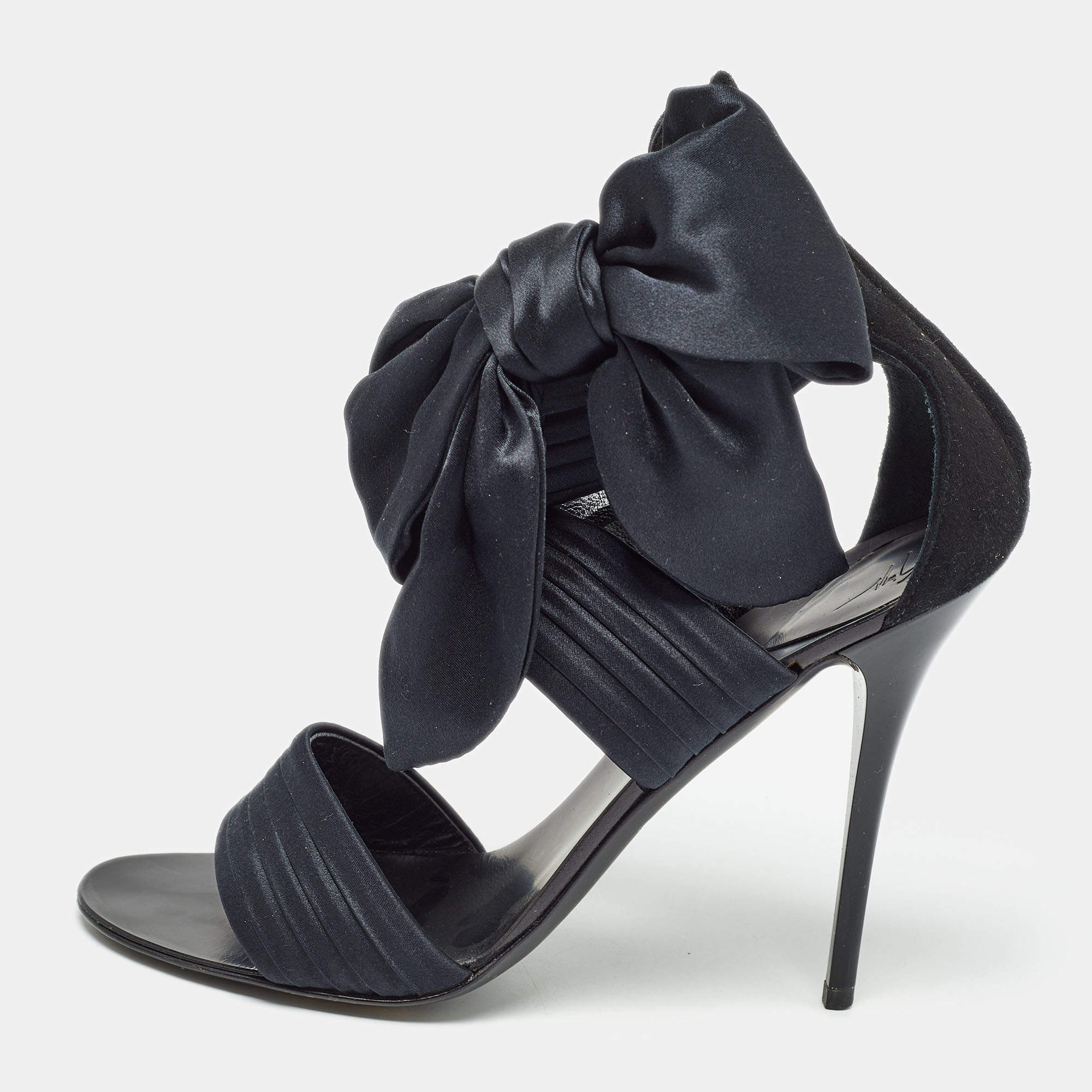 Pre Owned Giuseppe Zanotti Black Satin and Suede Ankle Strap Sandals Size 37