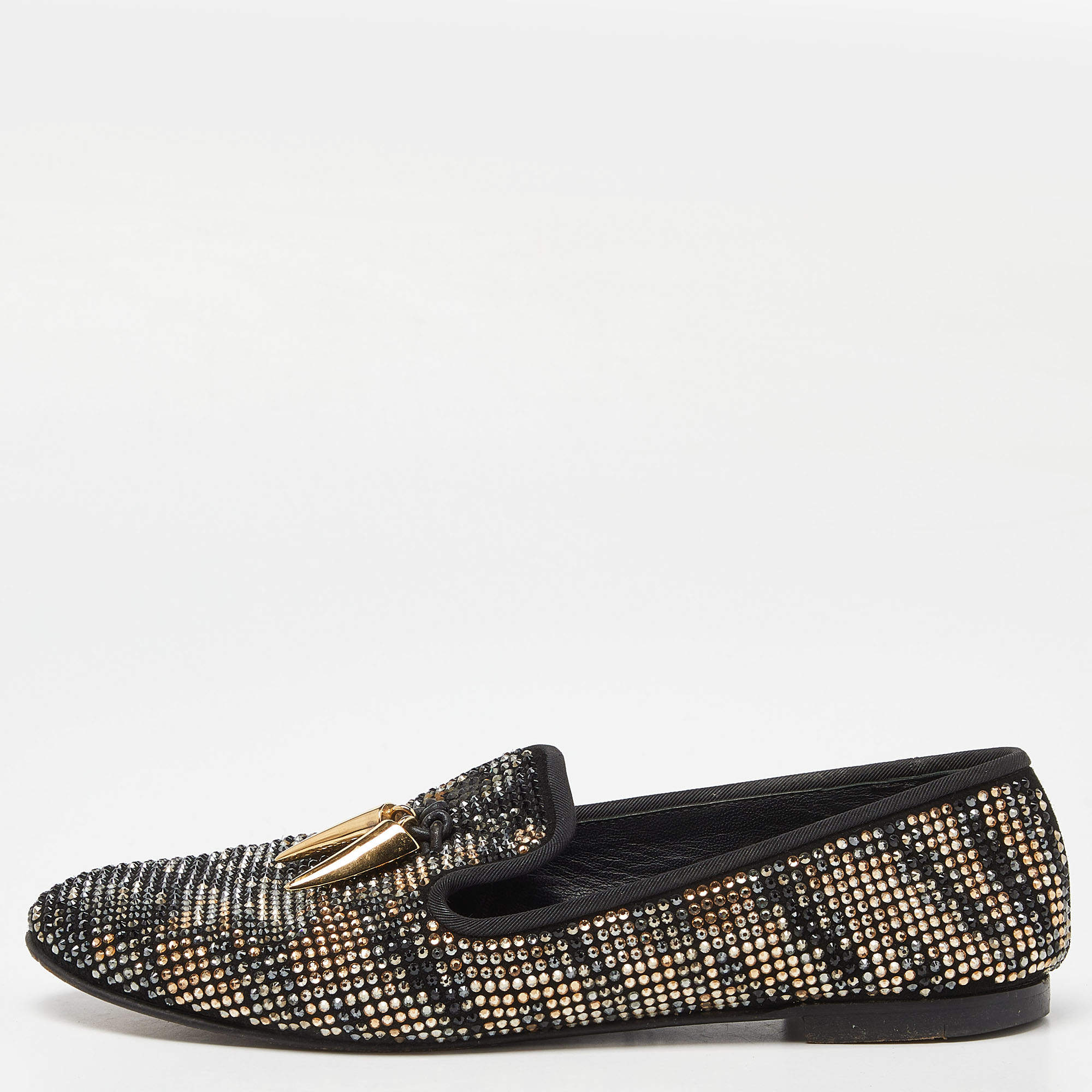 Giuseppe Zanotti Black Crystal Embellished Suede Shark Tooth Smoking Slippers Size 38.5
