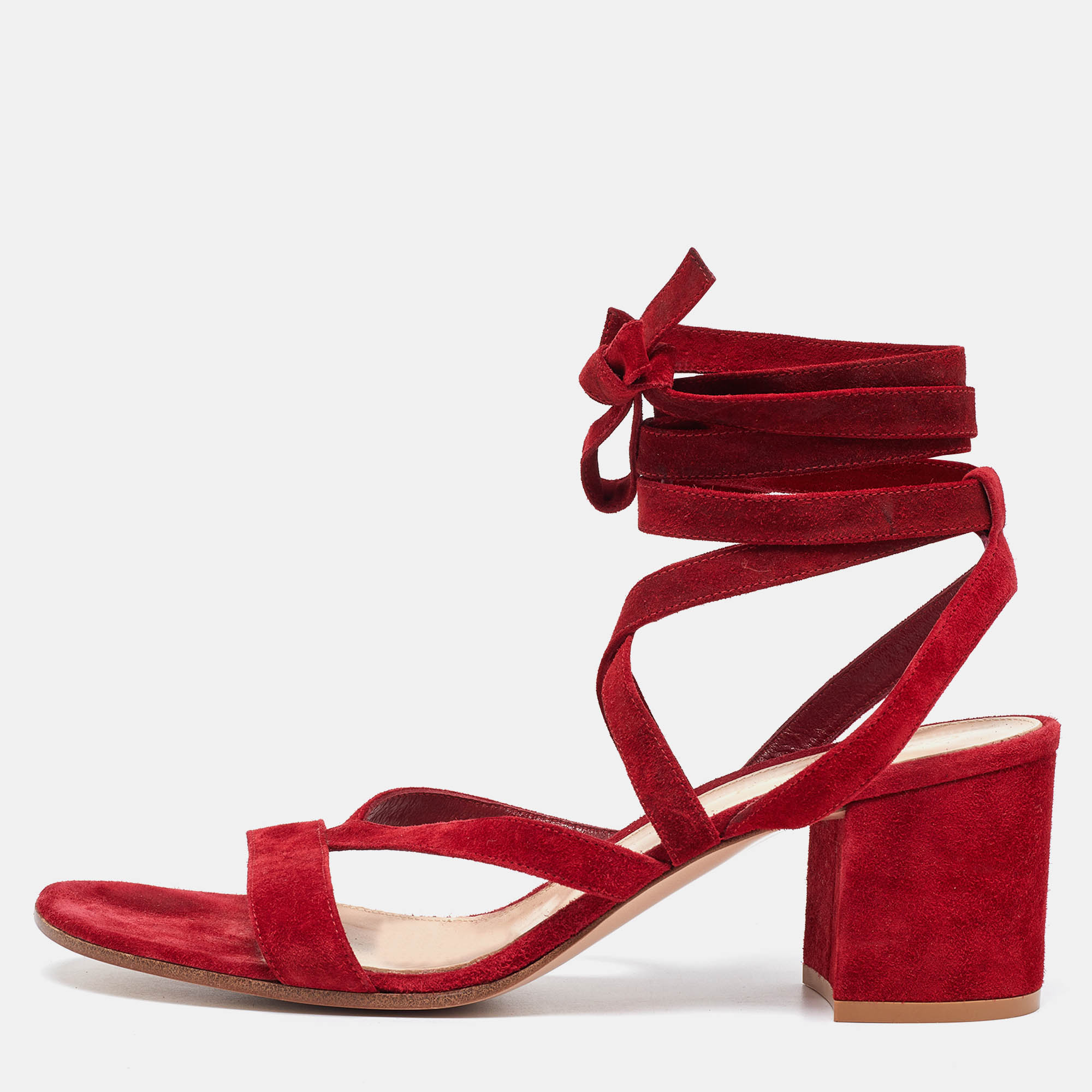 Pre Owned Gianvito Rossi Red Suede Block Heel Ankle Wrap Sandals Size 41