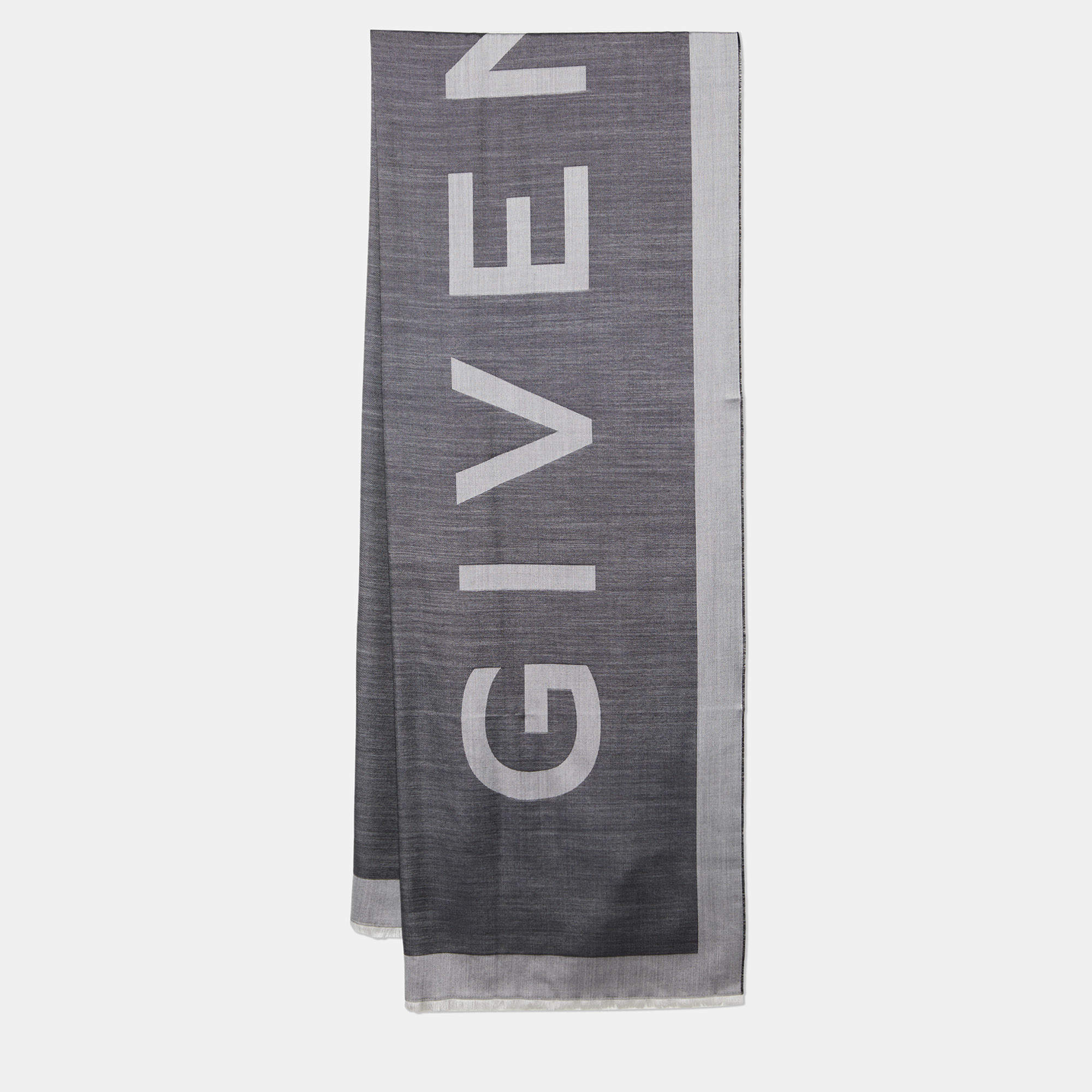 Pre Owned Givenchy Charcoal Grey Logo Jacquard Silk & Wool Scarf