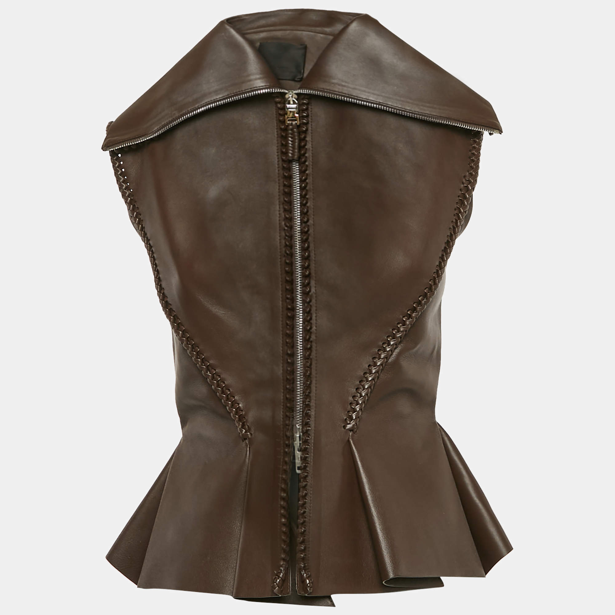 Givenchy Brown Braided Leather Peplum Vest S