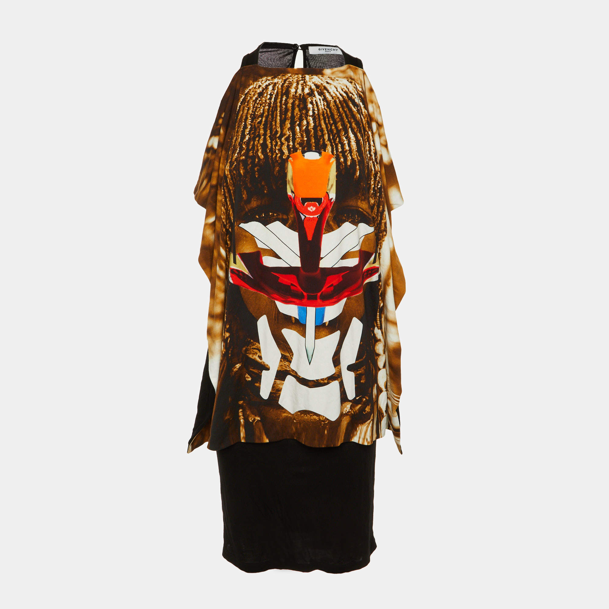 Pre Owned Givenchy Black Printed Cotton Overlay Detail Mini Dress XS 