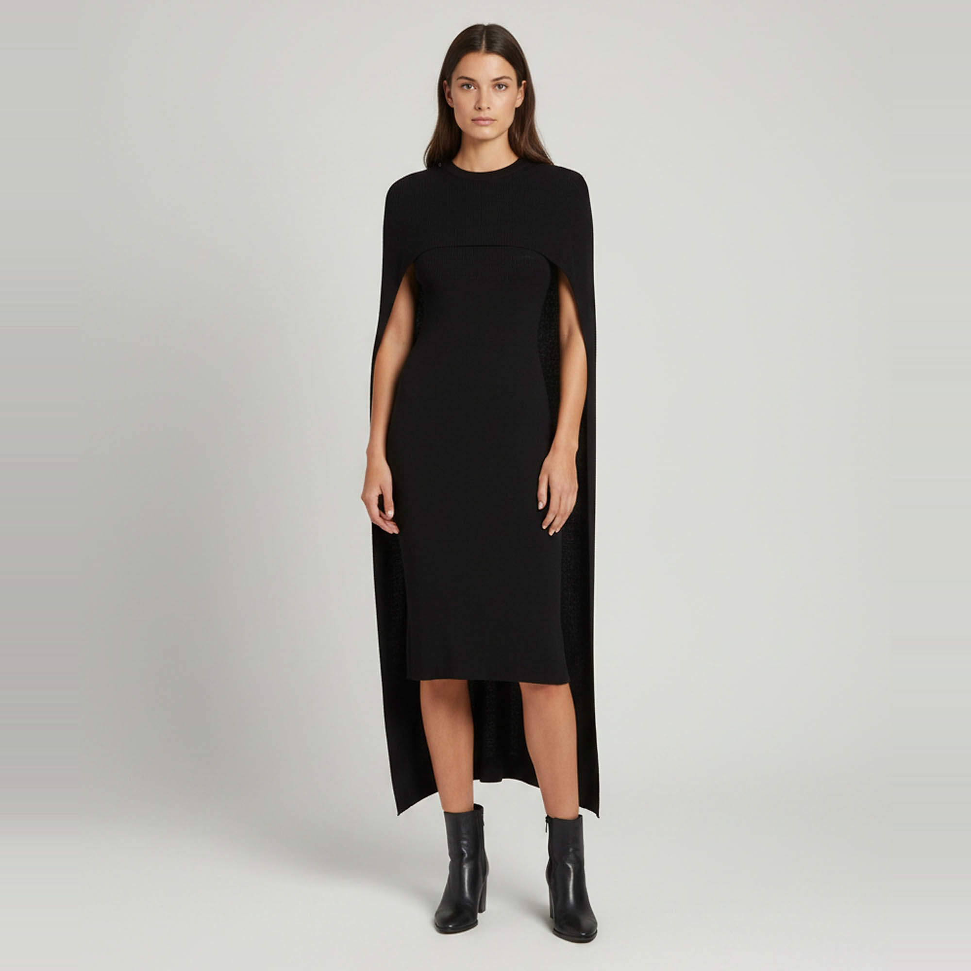Pre Owned Givenchy Black Wool Rib Knit Cape Maxi Dress XS