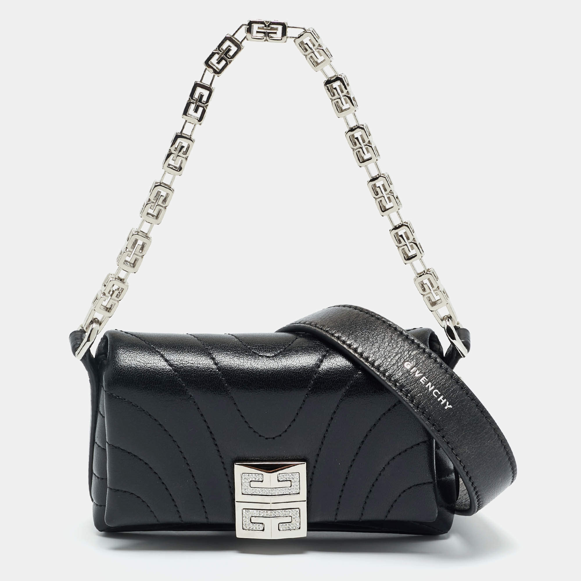 Pre Owned Givenchy Black Quilted Leather Micro 4G Crystal Crossbody Bag